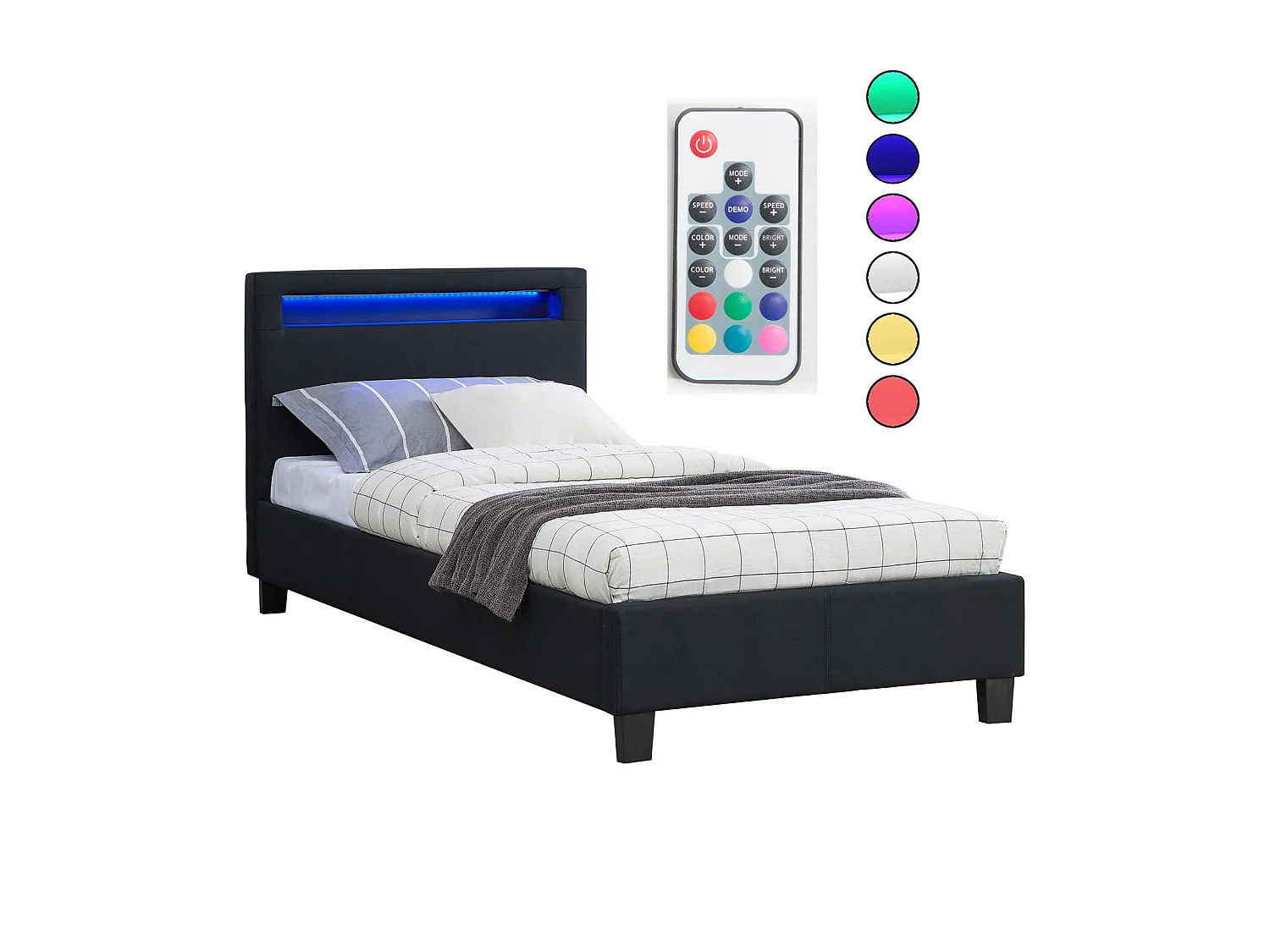 Lit LED simple 90x190 cm avec sommier, tête de lit confortable, lit 1 place revêtement en tissu noir, MOLINA