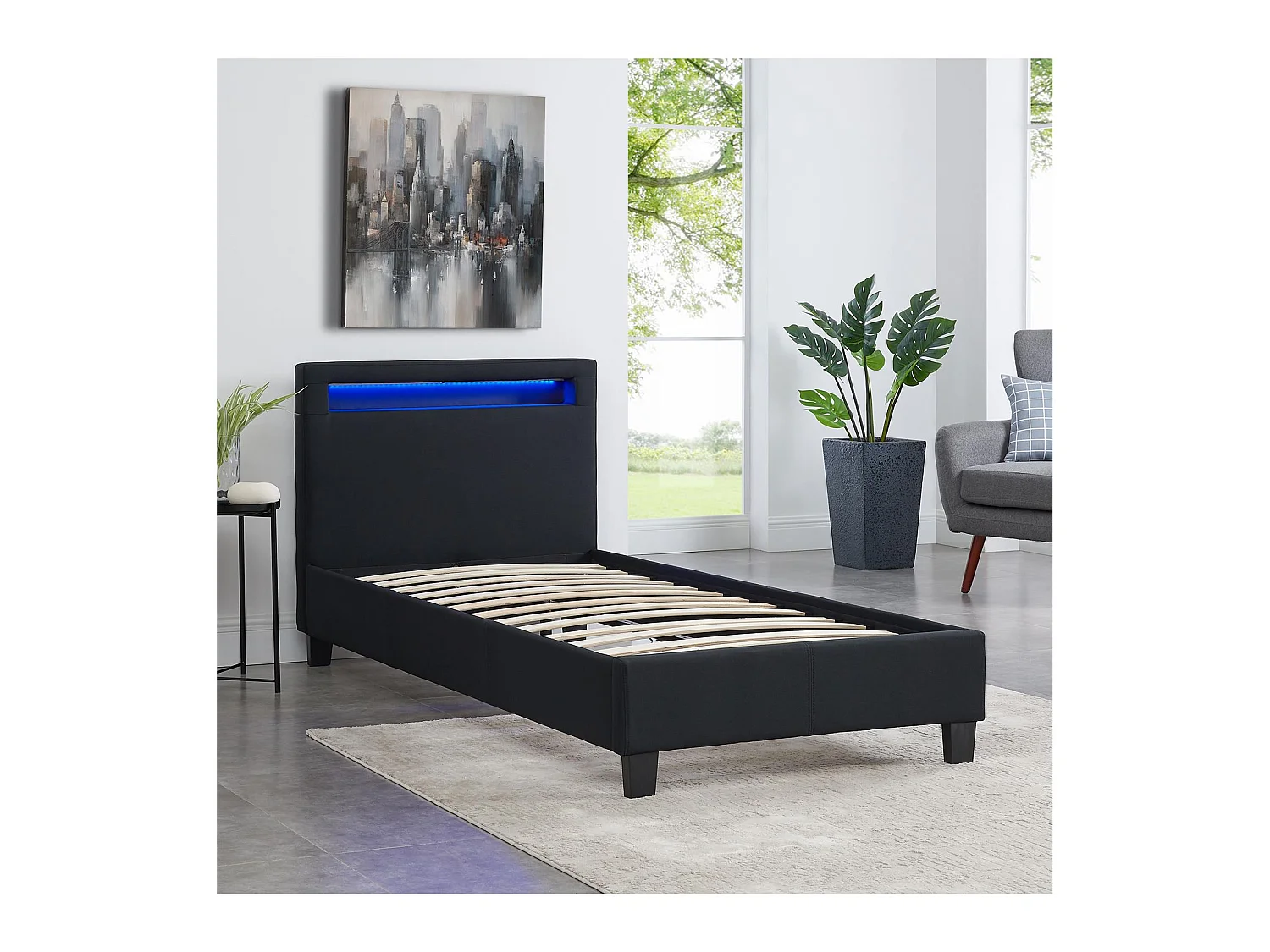 Lit LED simple 90x190 cm avec sommier, tête de lit confortable, lit 1 place revêtement en tissu noir, MOLINA