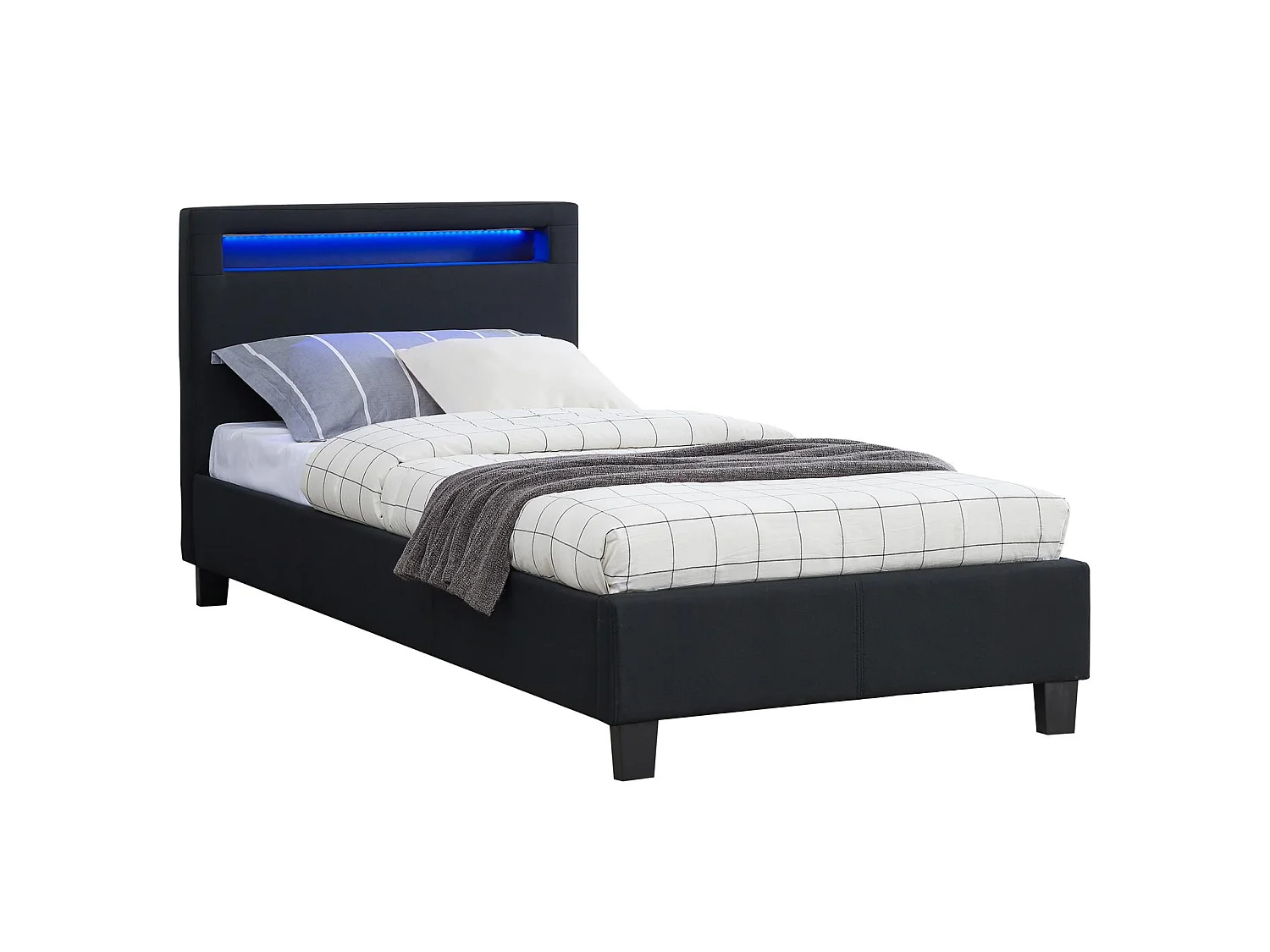 Lit LED simple 90x190 cm avec sommier, tête de lit confortable, lit 1 place revêtement en tissu noir, MOLINA
