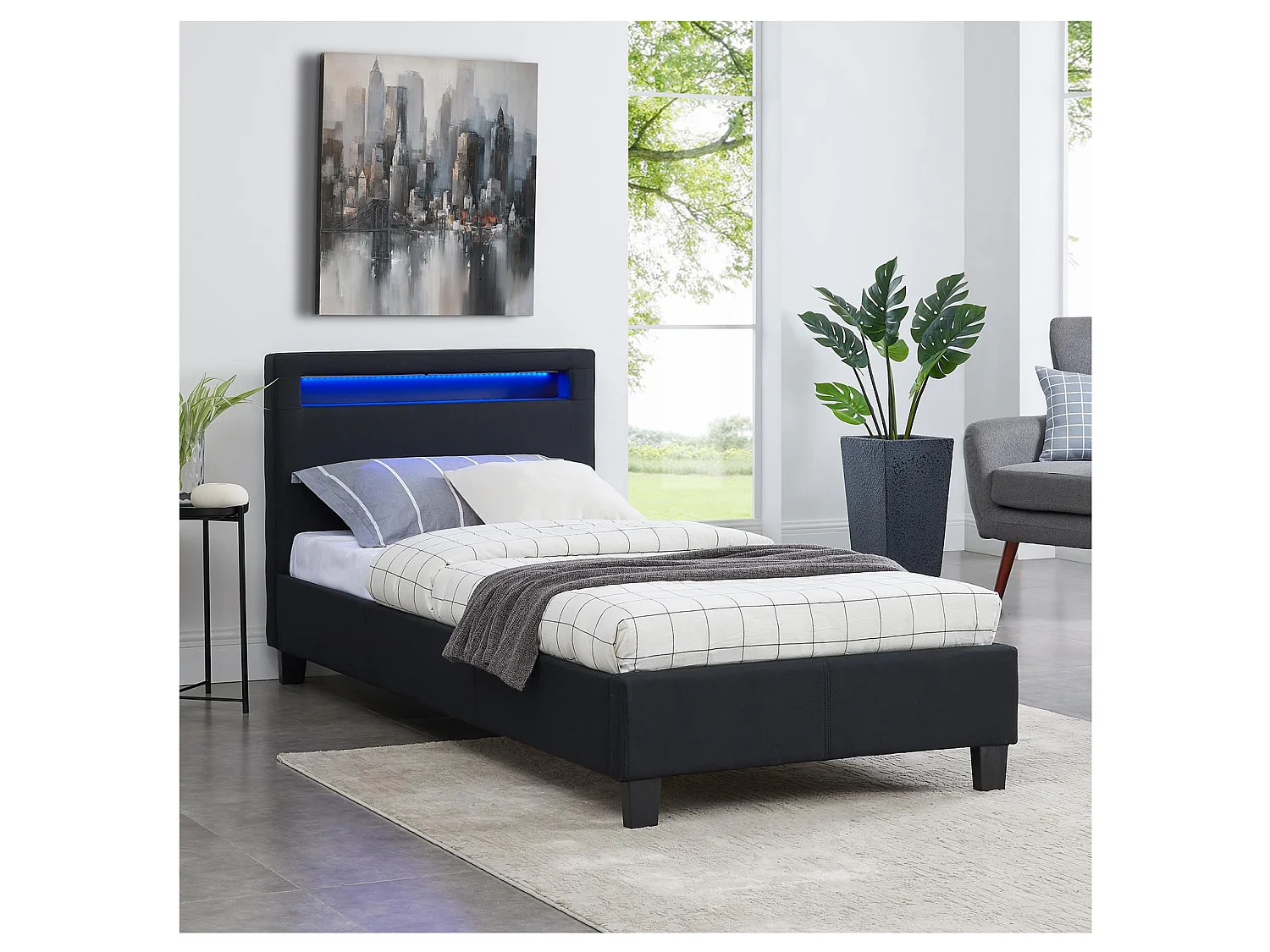 Lit LED simple 90x190 cm avec sommier, tête de lit confortable, lit 1 place revêtement en tissu noir, MOLINA