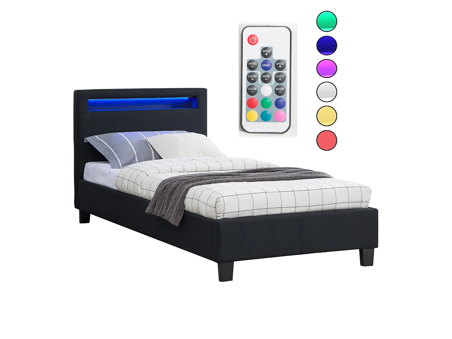 Lit LED simple 90x190 cm avec sommier, tête de lit confortable, lit 1 place revêtement en tissu noir, MOLINA