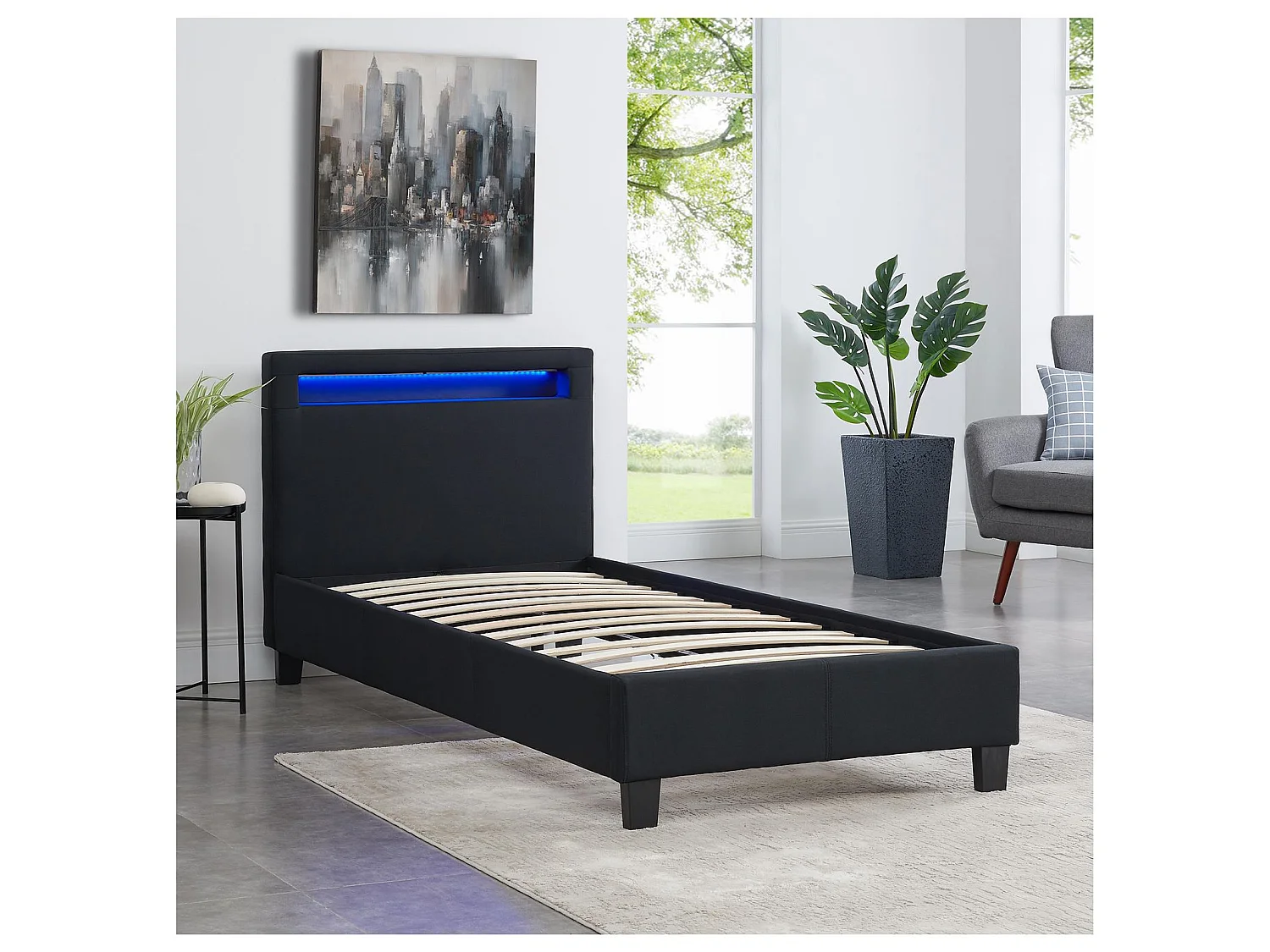 Lit LED simple 90x190 cm avec sommier, tête de lit confortable, lit 1 place revêtement en tissu noir, MOLINA