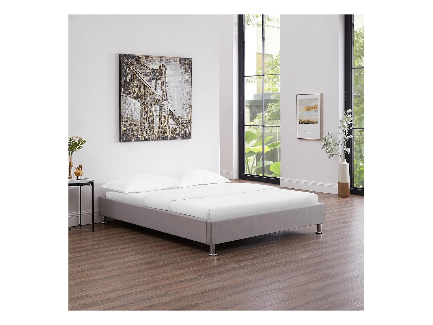 Lit futon double pour adulte NIZZA 140x190 cm 2 places / 2 personnes, avec sommier et pieds en métal chromé, tissu gris