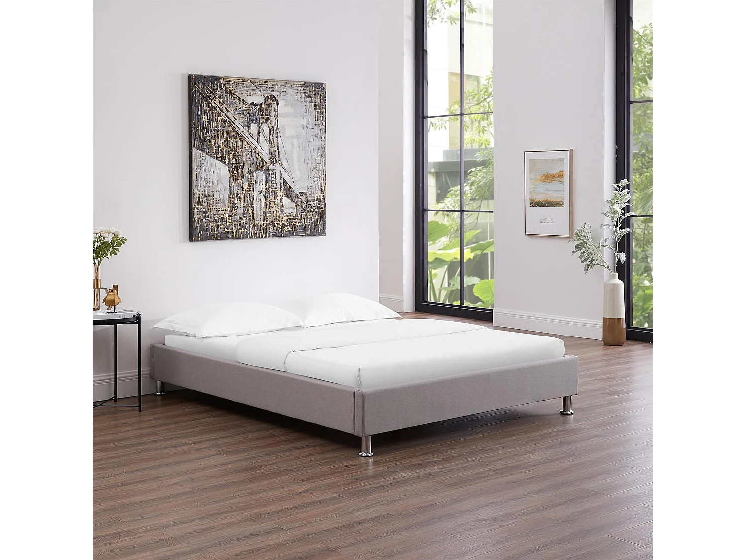 Lit futon double pour adulte NIZZA 140x190 cm 2 places / 2 personnes, avec sommier et pieds en métal chromé, tissu gris