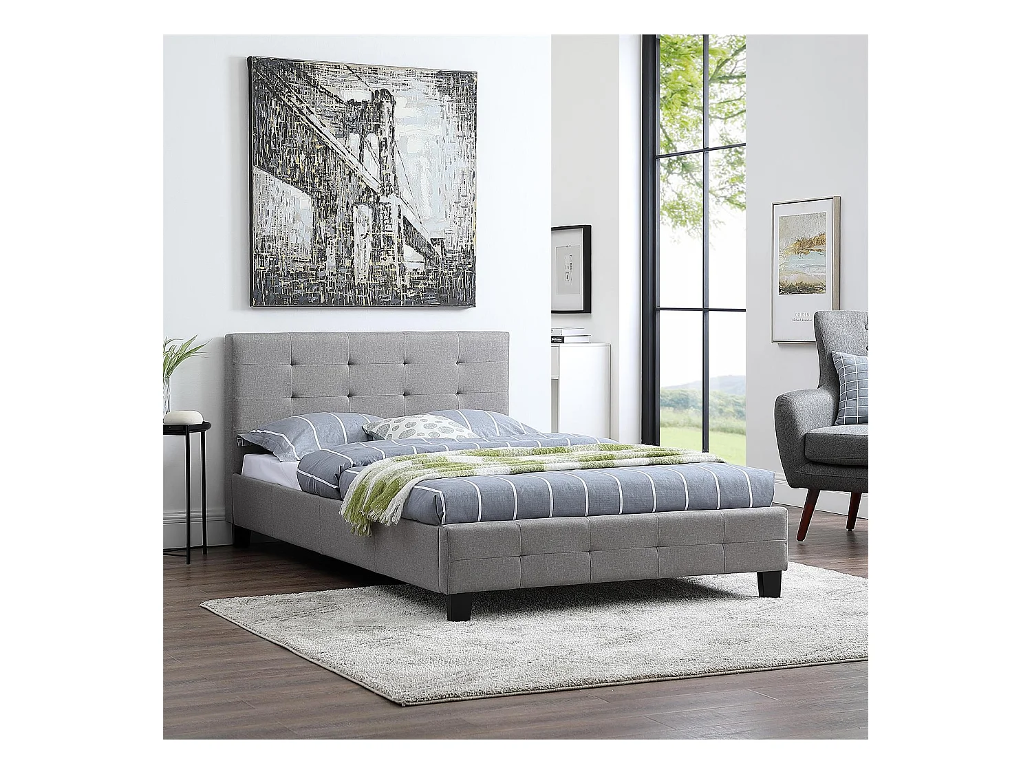 Lit simple pour adulte MARLON avec sommier 120x190 cm 1 place et demi / 1 personne, tête et pied de lit capitonnés, en tissu gris