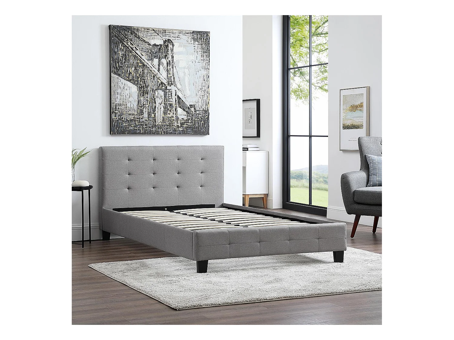 Lit simple pour adulte MARLON avec sommier 120x190 cm 1 place et demi / 1 personne, tête et pied de lit capitonnés, en tissu gris