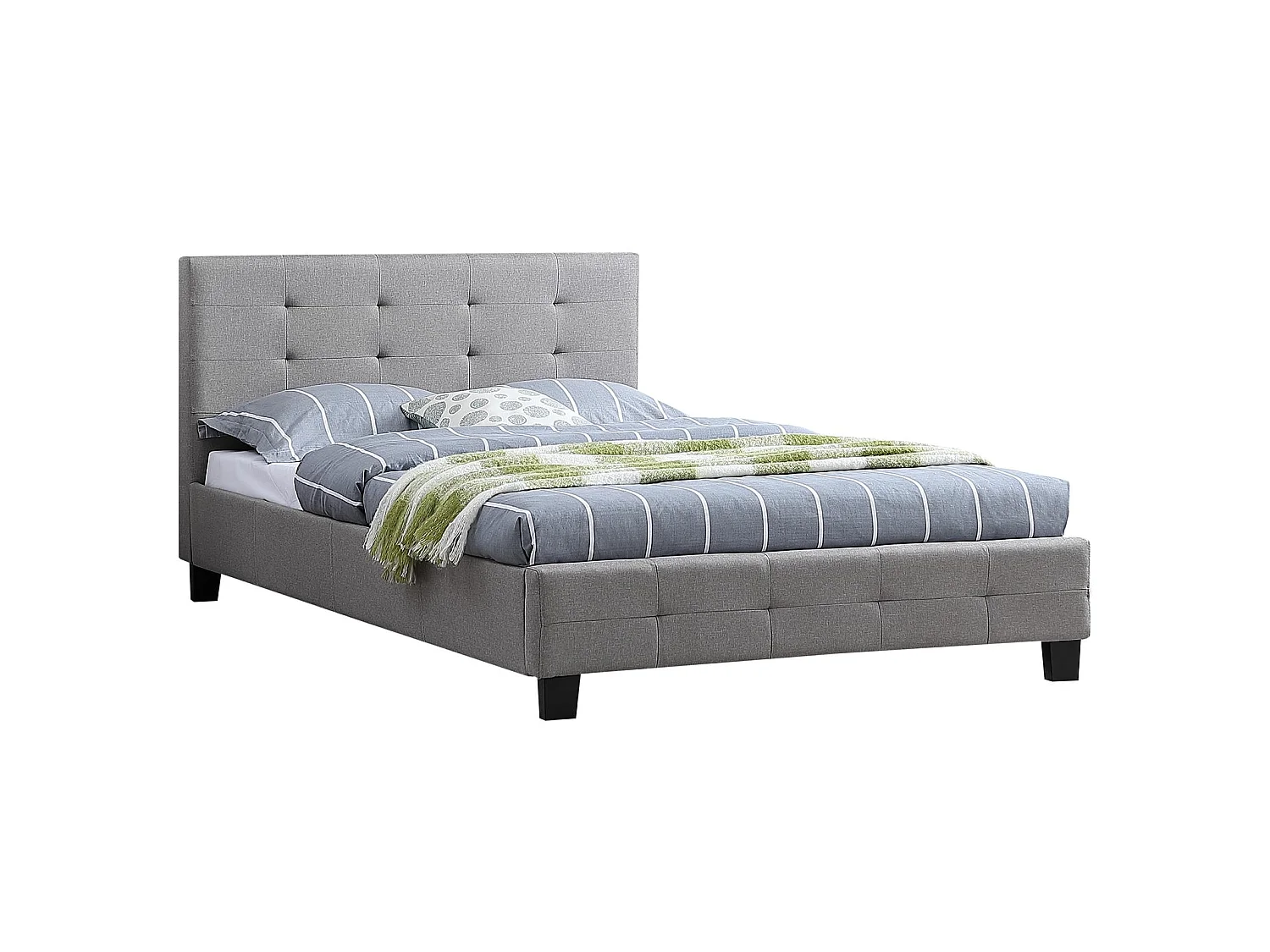 Lit simple pour adulte MARLON avec sommier 120x190 cm 1 place et demi / 1 personne, tête et pied de lit capitonnés, en tissu gris