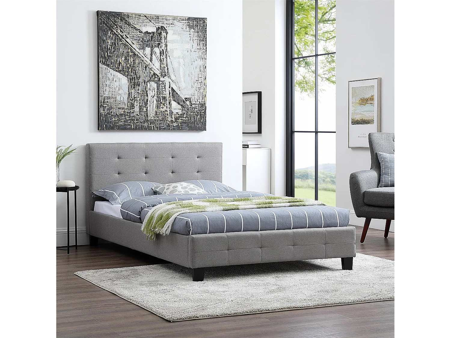 Lit simple pour adulte MARLON avec sommier 120x190 cm 1 place et demi / 1 personne, tête et pied de lit capitonnés, en tissu gris
