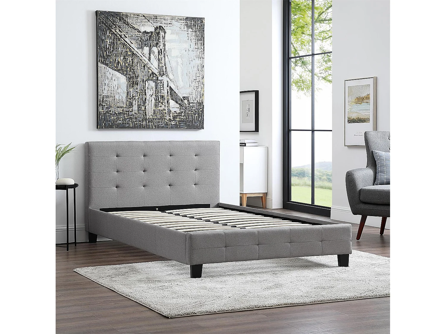 Lit simple pour adulte MARLON avec sommier 120x190 cm 1 place et demi / 1 personne, tête et pied de lit capitonnés, en tissu gris