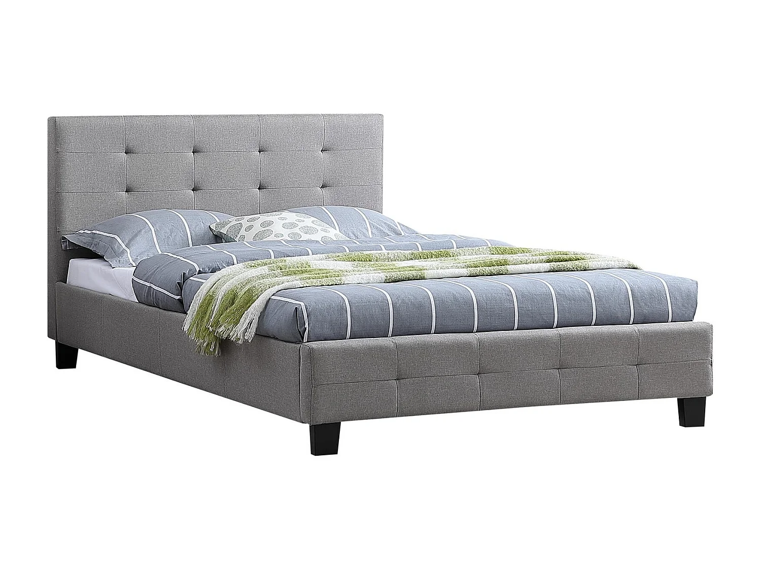 Lit simple pour adulte MARLON avec sommier 120x190 cm 1 place et demi / 1 personne, tête et pied de lit capitonnés, en tissu gris