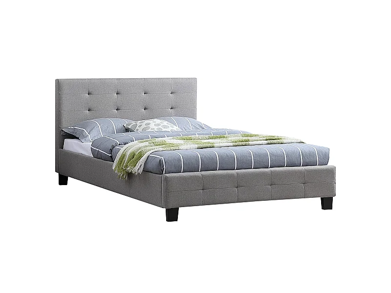 Lit simple pour adulte MARLON avec sommier 120x190 cm 1 place et demi / 1 personne, tête et pied de lit capitonnés, en tissu gris