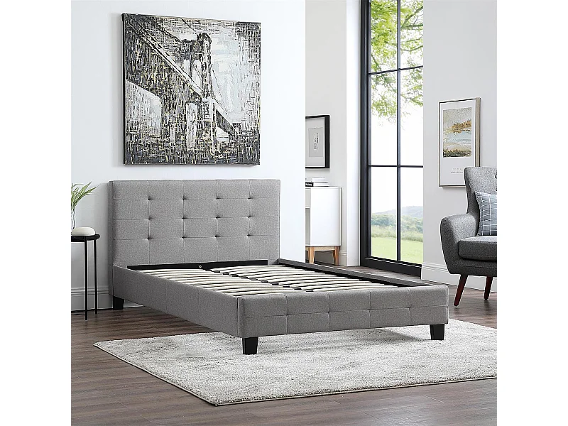Lit simple pour adulte MARLON avec sommier 120x190 cm 1 place et demi / 1 personne, tête et pied de lit capitonnés, en tissu gris