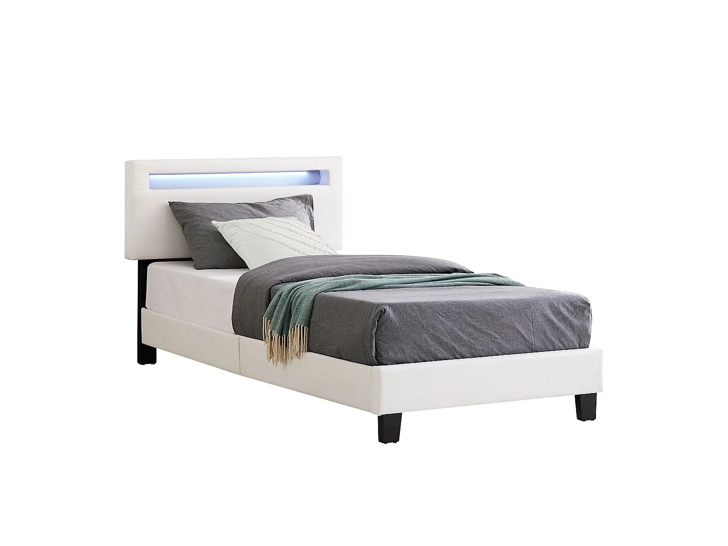 Lit LED simple 90x190 cm avec sommier, tête de lit réglable en hauteur, en synthétique blanc, EVAN