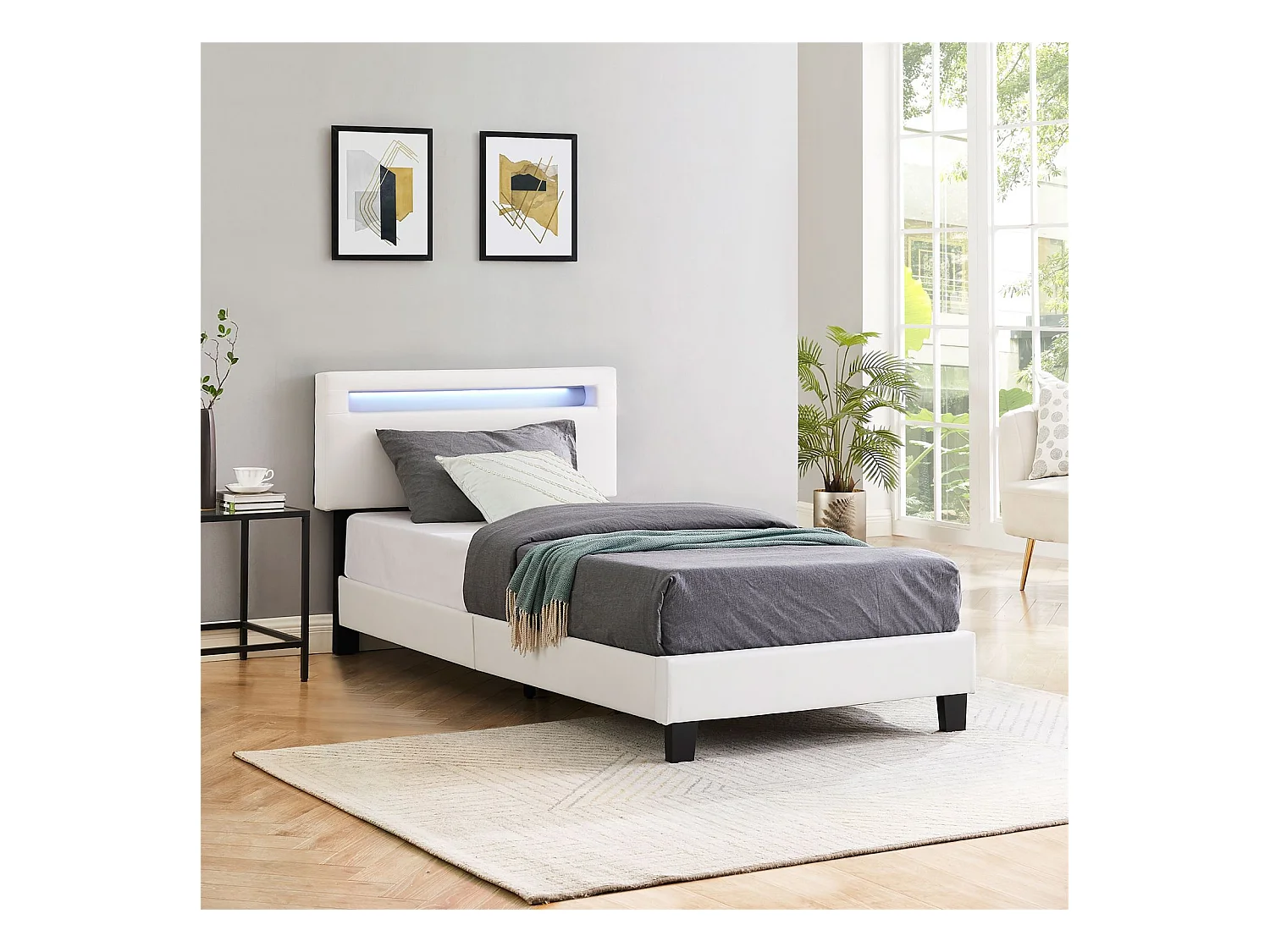 Lit LED simple 90x190 cm avec sommier, tête de lit réglable en hauteur, en synthétique blanc, EVAN