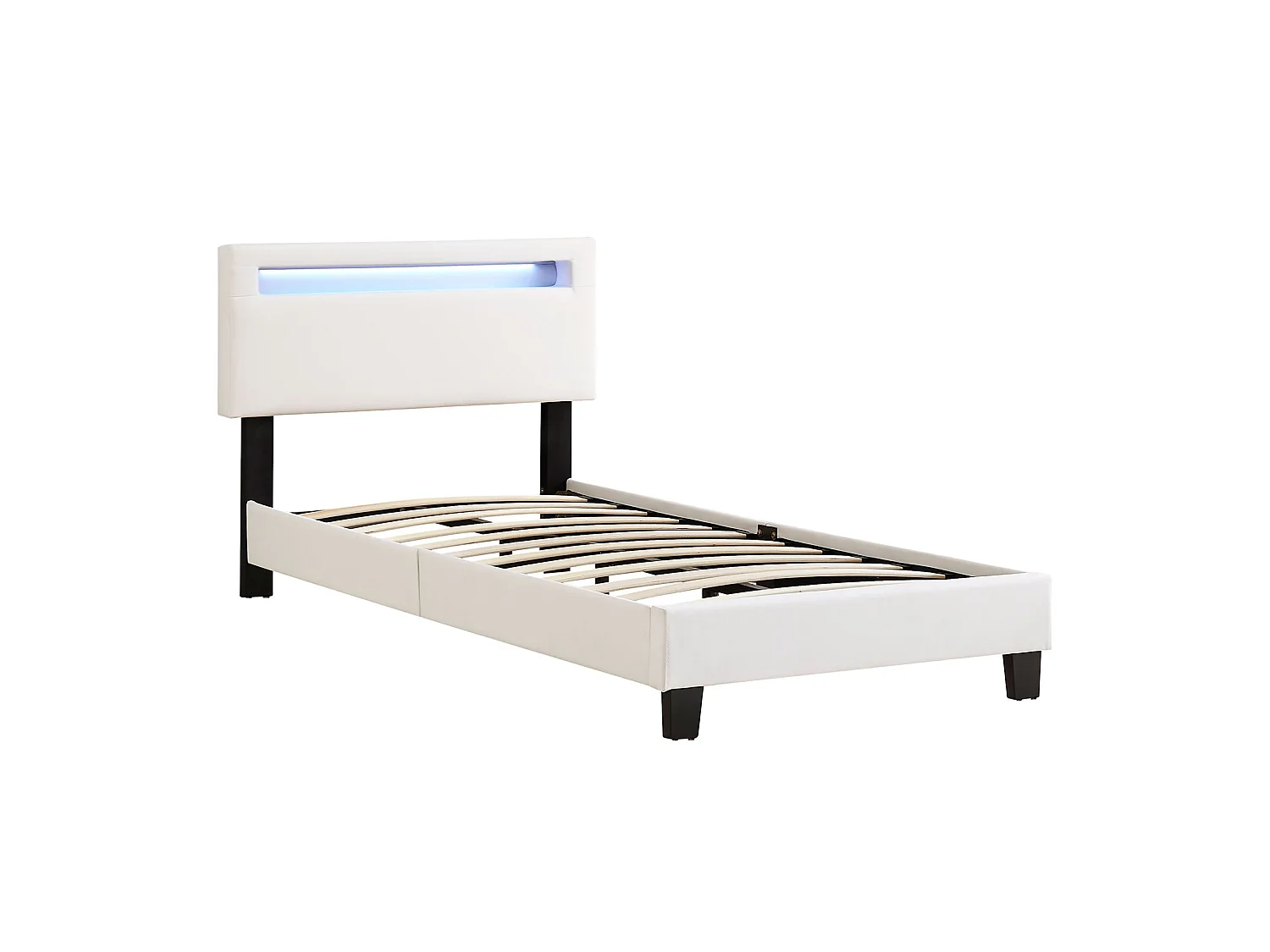 Lit LED simple 90x190 cm avec sommier, tête de lit réglable en hauteur, en synthétique blanc, EVAN