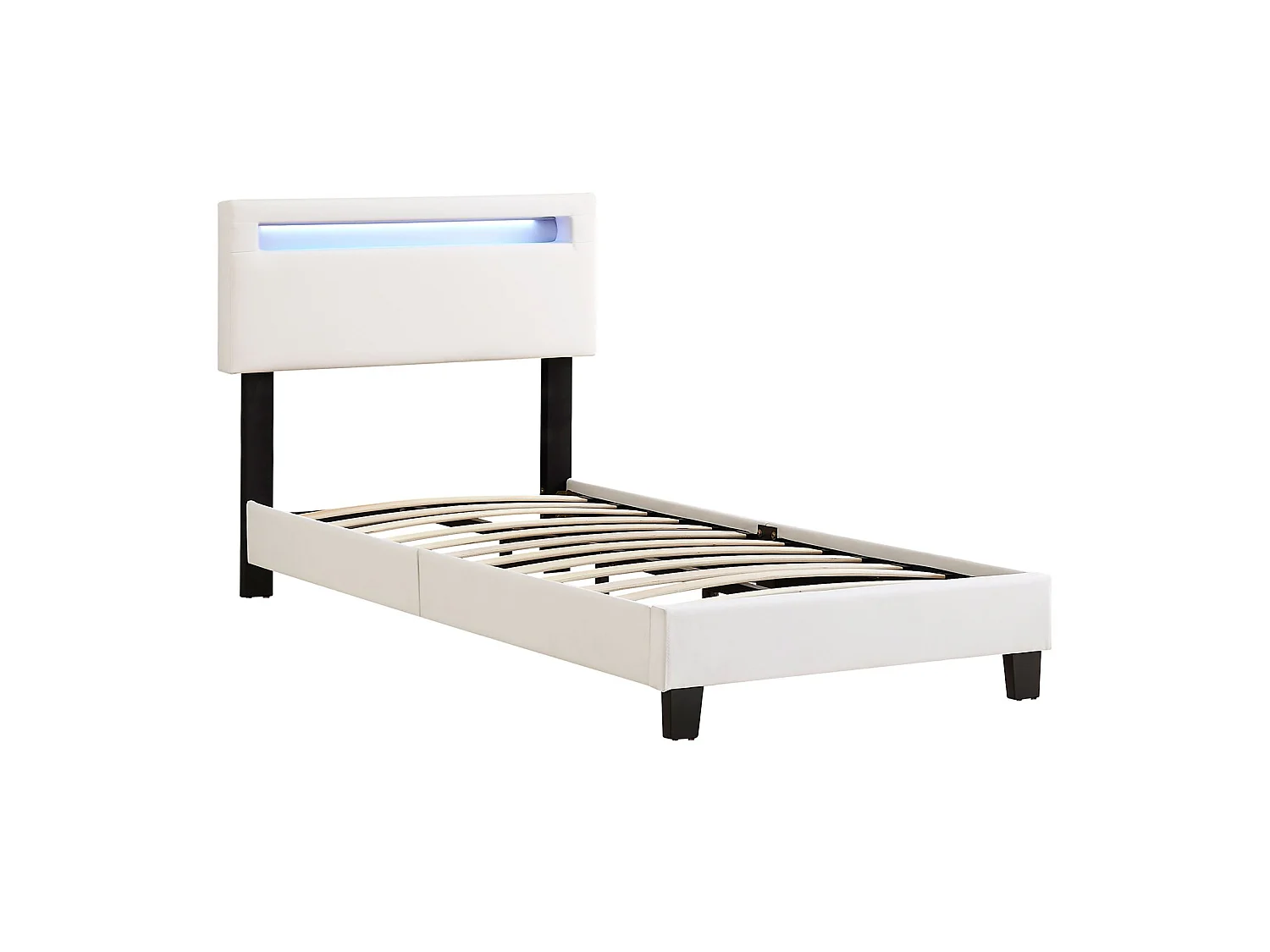 Lit LED simple 90x190 cm avec sommier, tête de lit réglable en hauteur, en synthétique blanc, EVAN