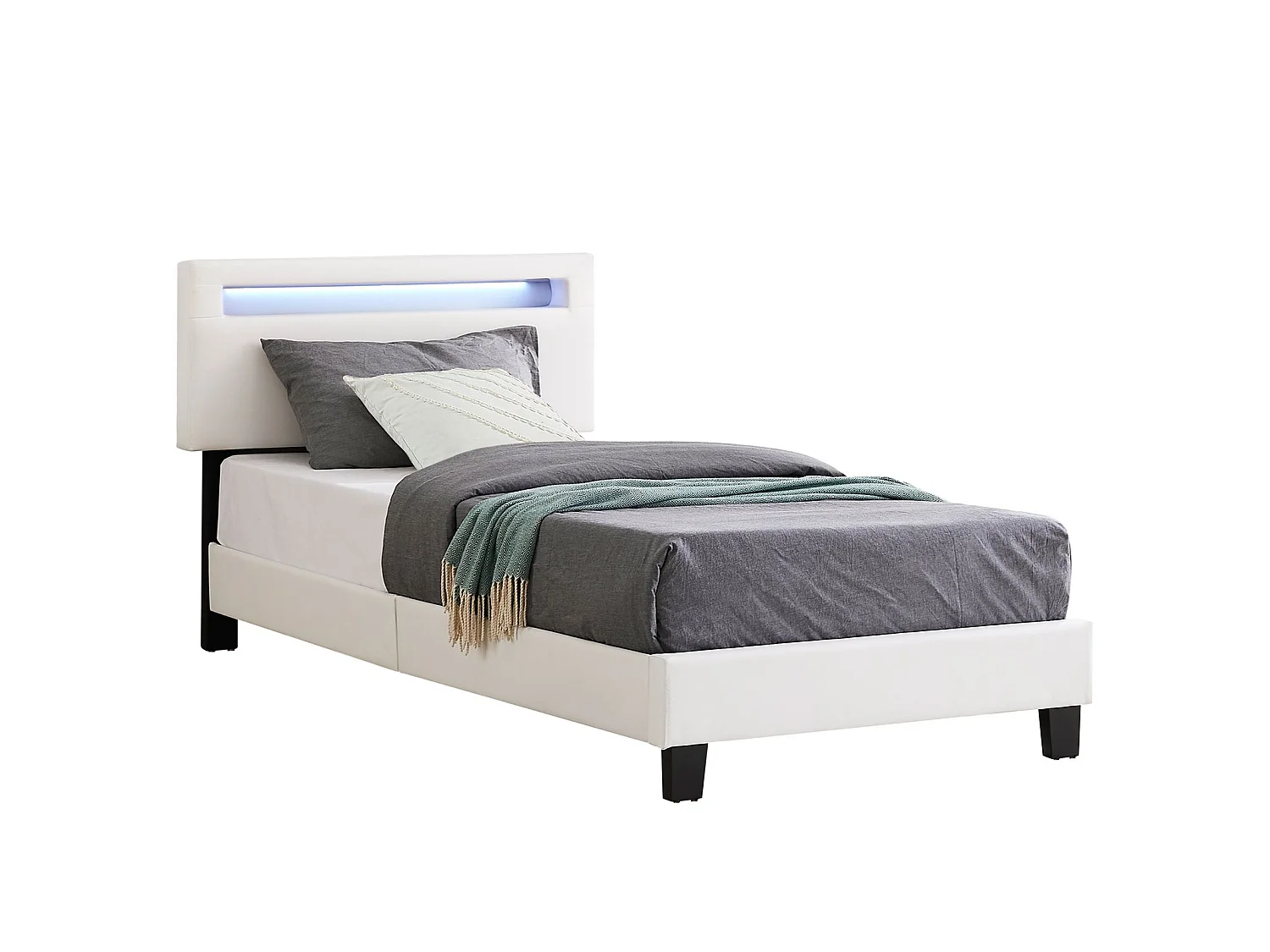 Lit LED simple 90x190 cm avec sommier, tête de lit réglable en hauteur, en synthétique blanc, EVAN