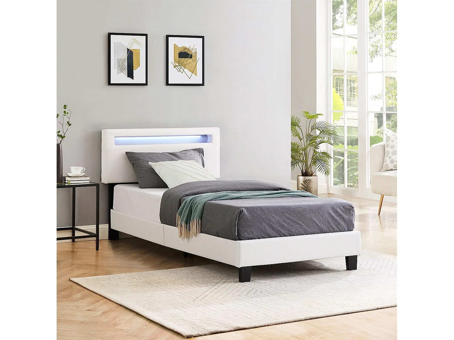 Lit LED simple 90x190 cm avec sommier, tête de lit réglable en hauteur, en synthétique blanc, EVAN