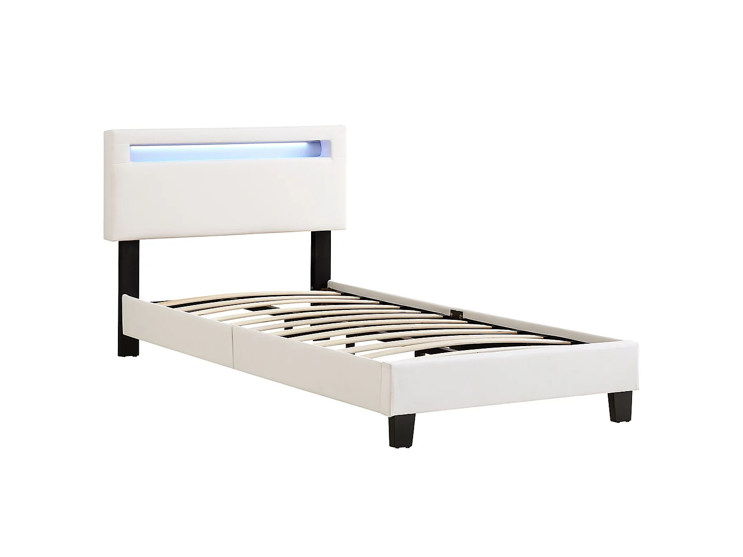 Lit LED simple 90x190 cm avec sommier, tête de lit réglable en hauteur, en synthétique blanc, EVAN