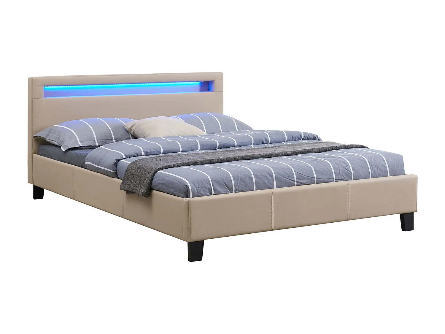 Lit LED double 140x190 cm avec sommier, tête de lit confortable, lit 1 place revêtement en tissu beige, RIOJA