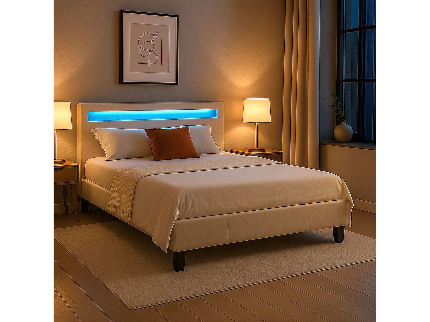 Lit LED double 140x190 cm avec sommier, tête de lit confortable, lit 1 place revêtement en tissu beige, RIOJA