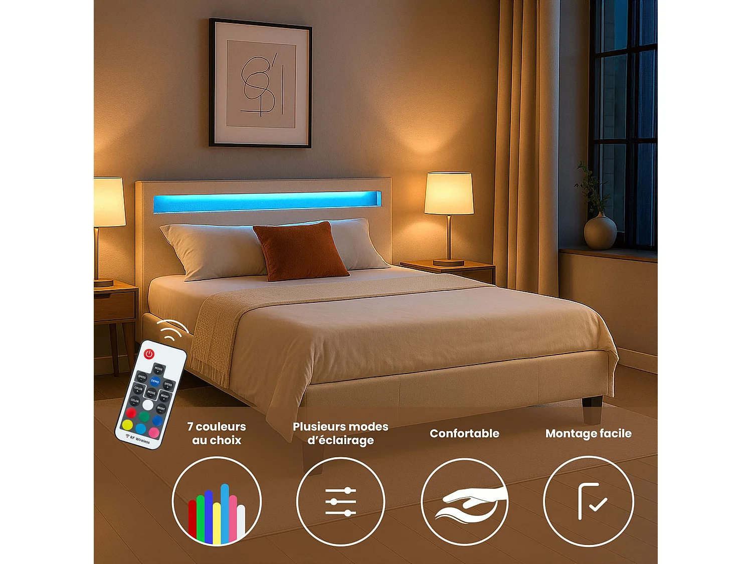 Lit LED double 140x190 cm avec sommier, tête de lit confortable, lit 1 place revêtement en tissu beige, RIOJA