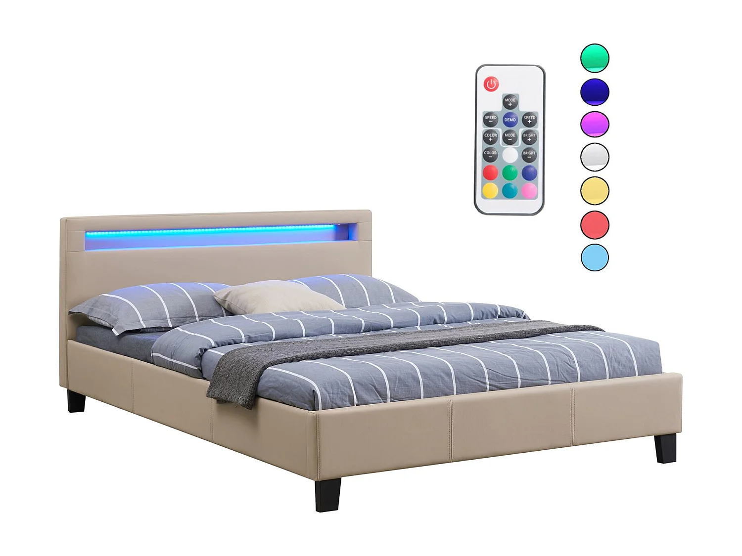 Lit LED double 140x190 cm avec sommier, tête de lit confortable, lit 1 place revêtement en tissu beige, RIOJA