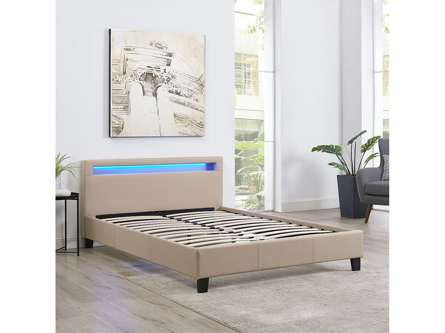 Lit LED double 140x190 cm avec sommier, tête de lit confortable, lit 1 place revêtement en tissu beige, RIOJA
