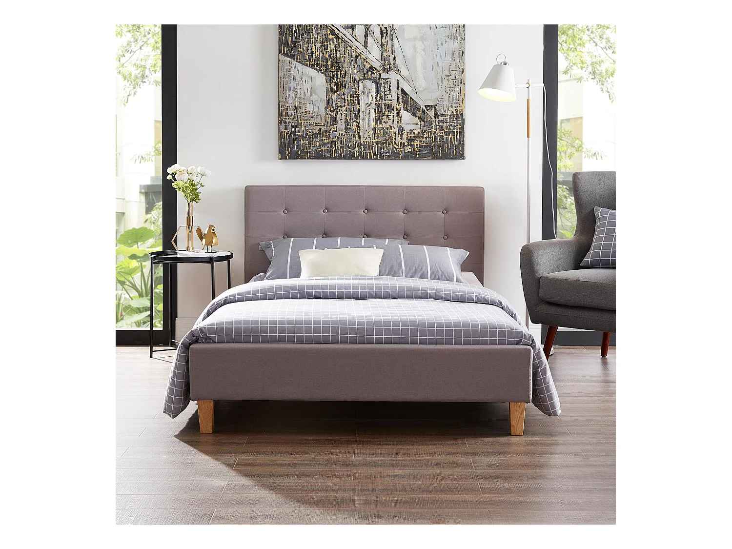 Lit simple pour adulte LILLE 120x190 cm 1 place et demi / 1 personne, avec sommier et pieds en bois, tissu capitonné gris