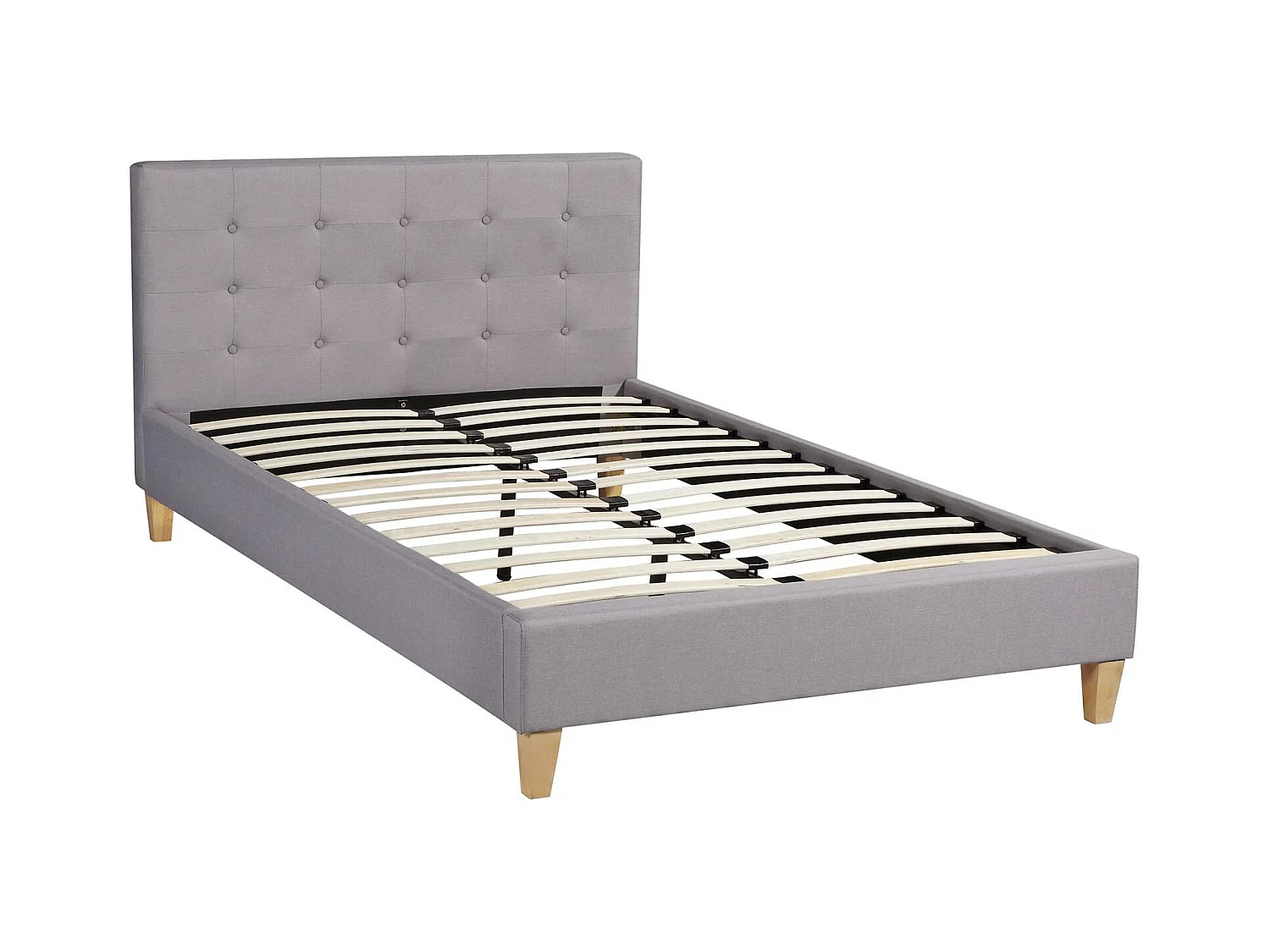 Lit simple pour adulte LILLE 120x190 cm 1 place et demi / 1 personne, avec sommier et pieds en bois, tissu capitonné gris