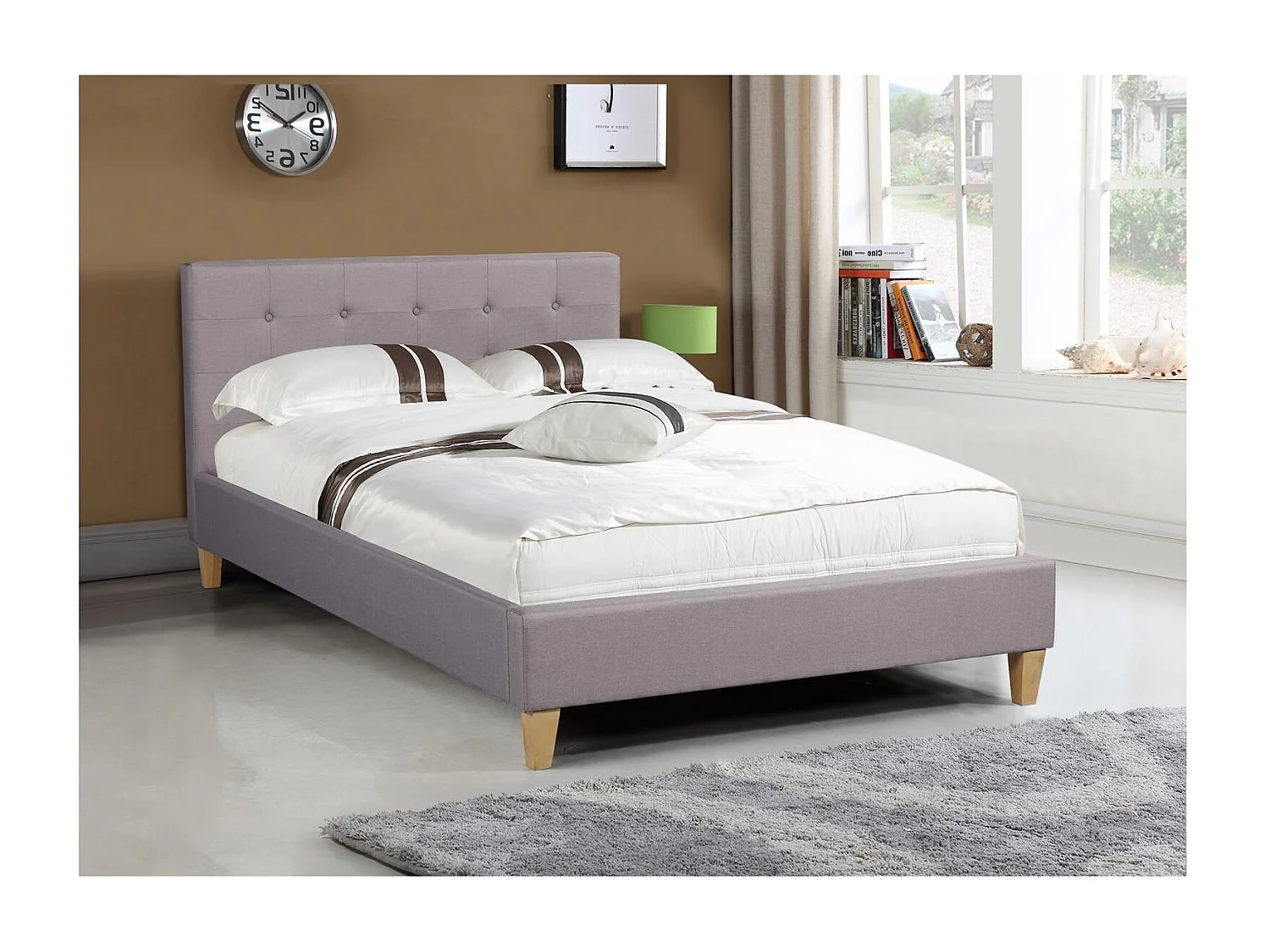 Lit simple pour adulte LILLE 120x190 cm 1 place et demi / 1 personne, avec sommier et pieds en bois, tissu capitonné gris