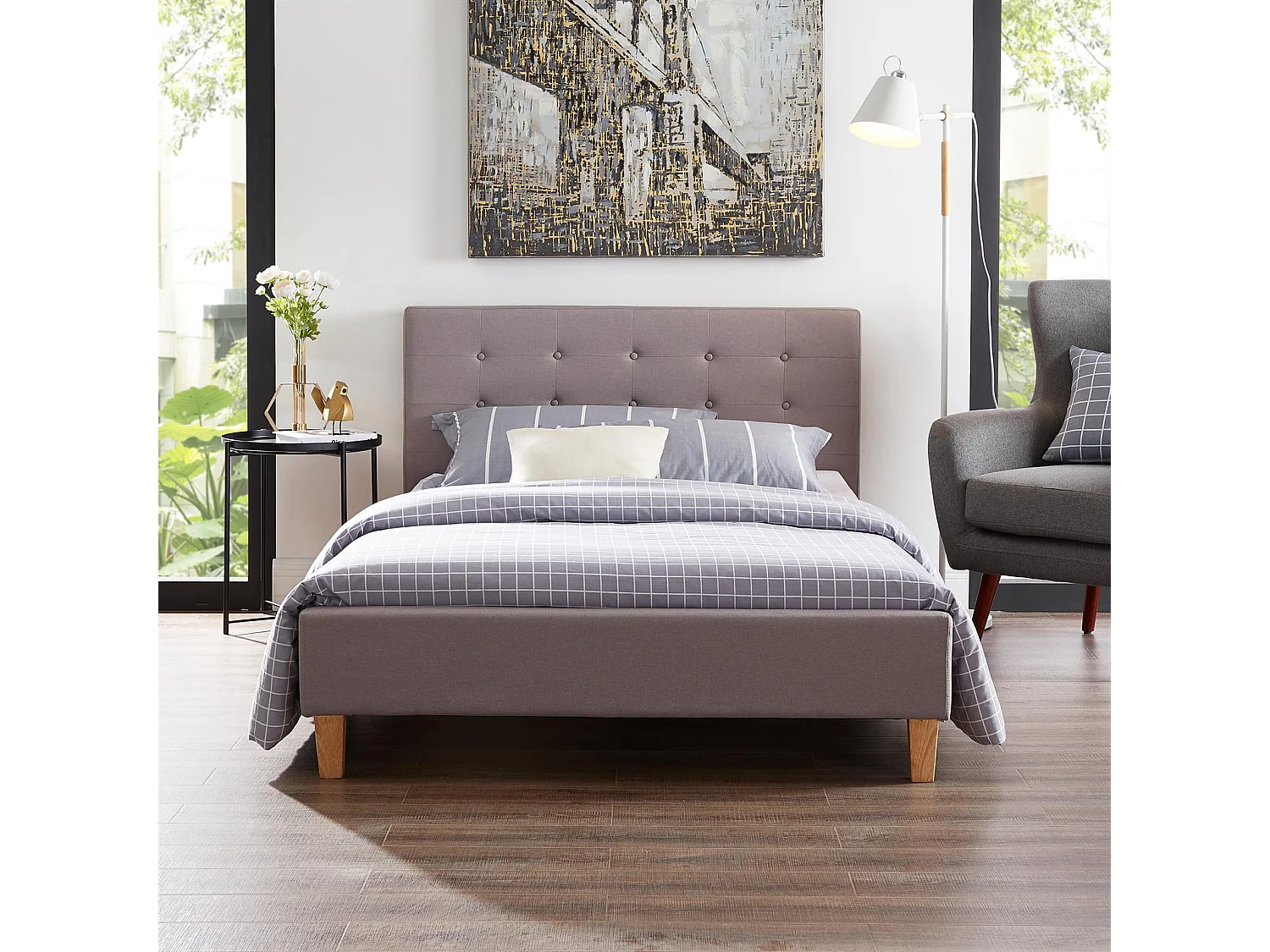 Lit simple pour adulte LILLE 120x190 cm 1 place et demi / 1 personne, avec sommier et pieds en bois, tissu capitonné gris