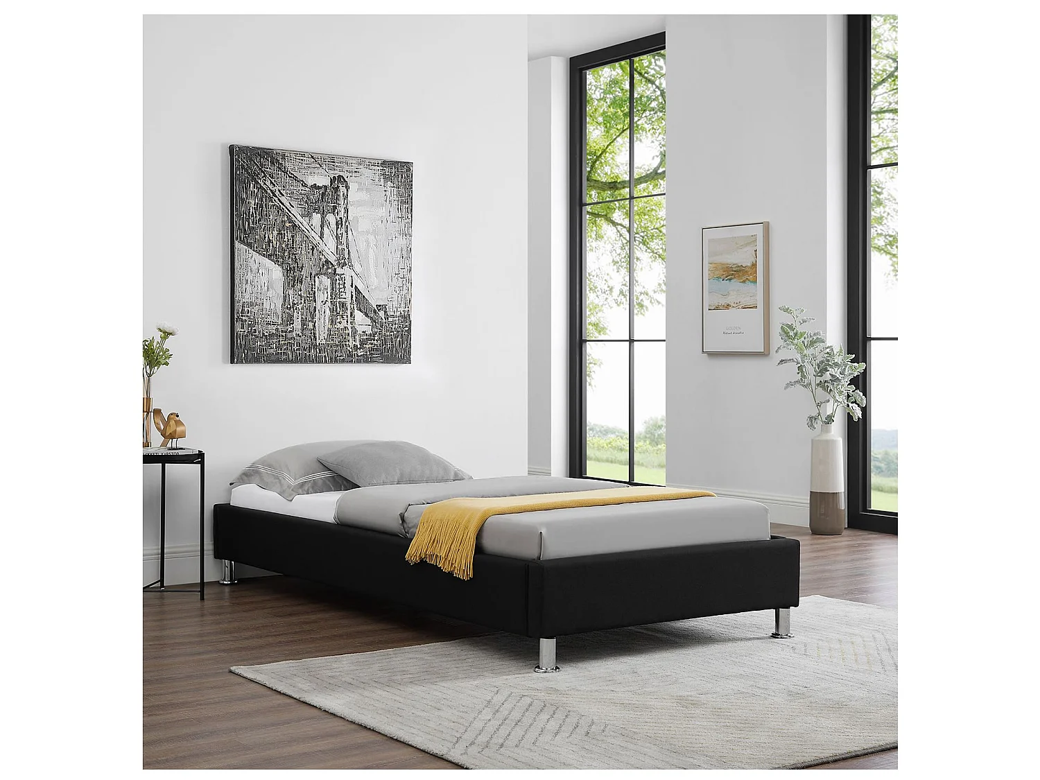 Lit futon simple pour adulte ou enfant NIZZA 90x190 cm 1 place / 1 personne, avec sommier et pieds en métal chromé, tissu noir