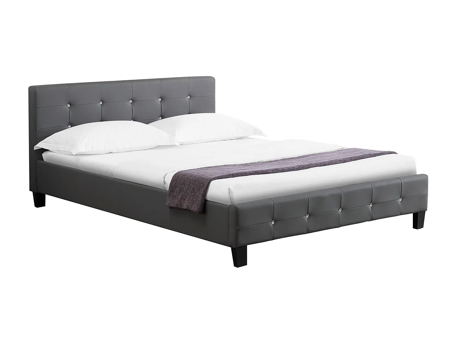 Lit double pour adulte JOSY avec sommier 140x190 cm 2 places, tête et pied de lit capitonnés avec strass, en synthétique gris
