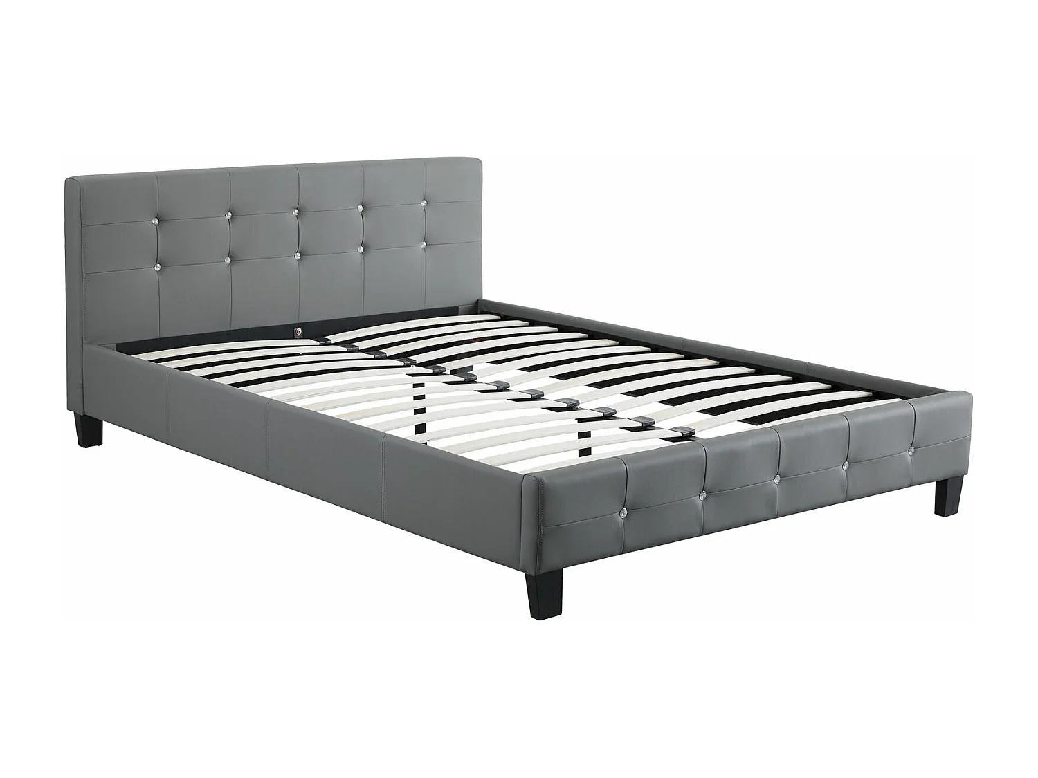 Lit double pour adulte JOSY avec sommier 140x190 cm 2 places, tête et pied de lit capitonnés avec strass, en synthétique gris