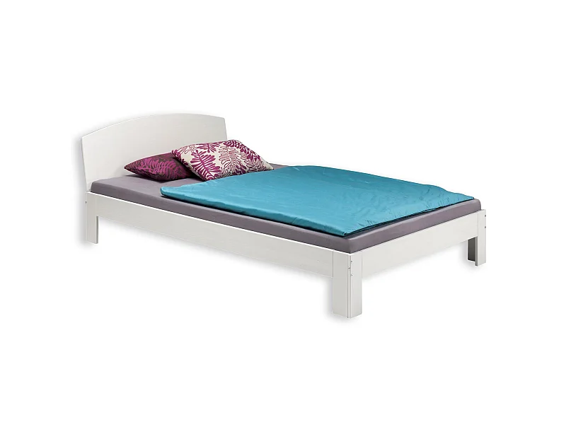 Lit simple TIM pour enfant 90 x 200 cm en pin massif lasuré blanc, avec tête de lit inclinée