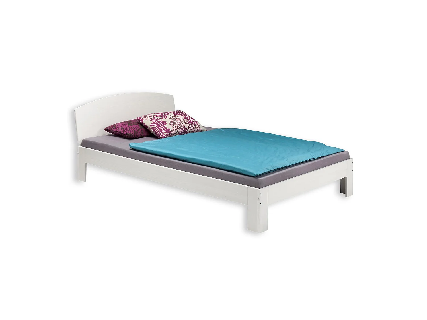 Lit simple TIM pour enfant 90 x 200 cm en pin massif lasuré blanc, avec tête de lit inclinée
