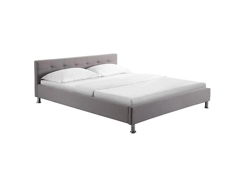 Lit double pour adulte NIZZA queen size 160x200 cm 2 places / 2 personnes, avec sommier et pieds métal chromé, tissu capitonné gris