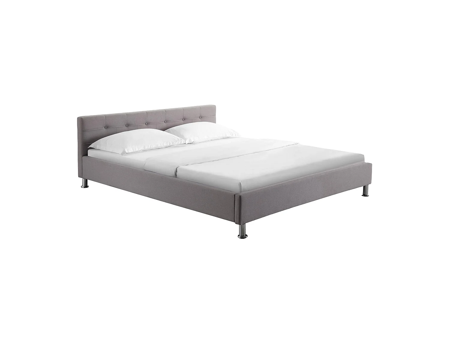 Lit double pour adulte NIZZA queen size 160x200 cm 2 places / 2 personnes, avec sommier et pieds métal chromé, tissu capitonné gris