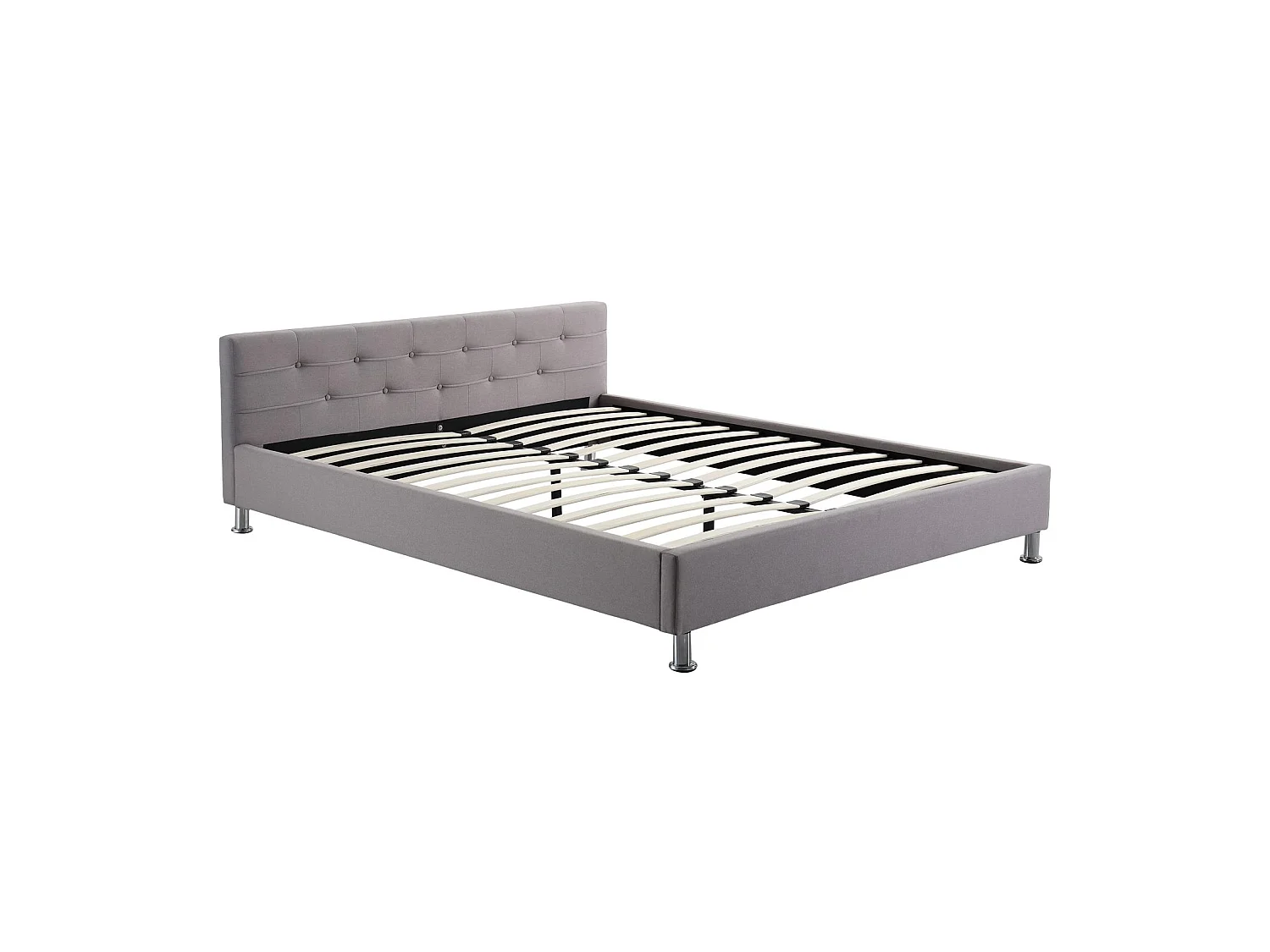 Lit double pour adulte NIZZA queen size 160x200 cm 2 places / 2 personnes, avec sommier et pieds métal chromé, tissu capitonné gris