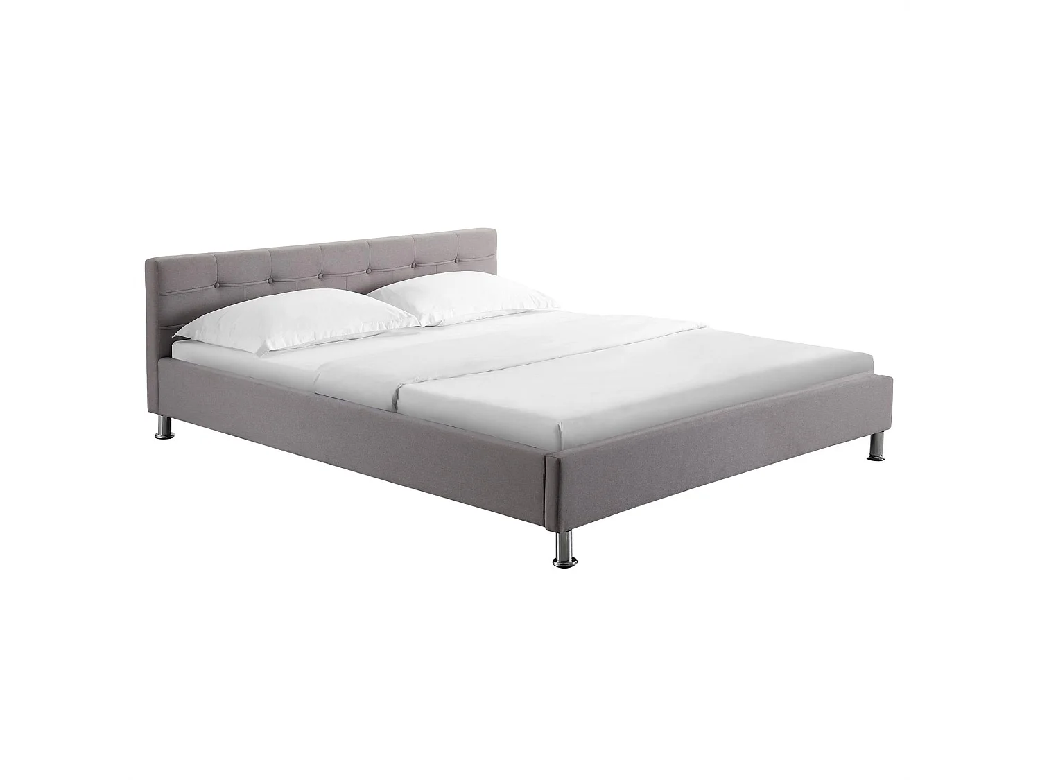 Lit double pour adulte NIZZA queen size 160x200 cm 2 places / 2 personnes, avec sommier et pieds métal chromé, tissu capitonné gris