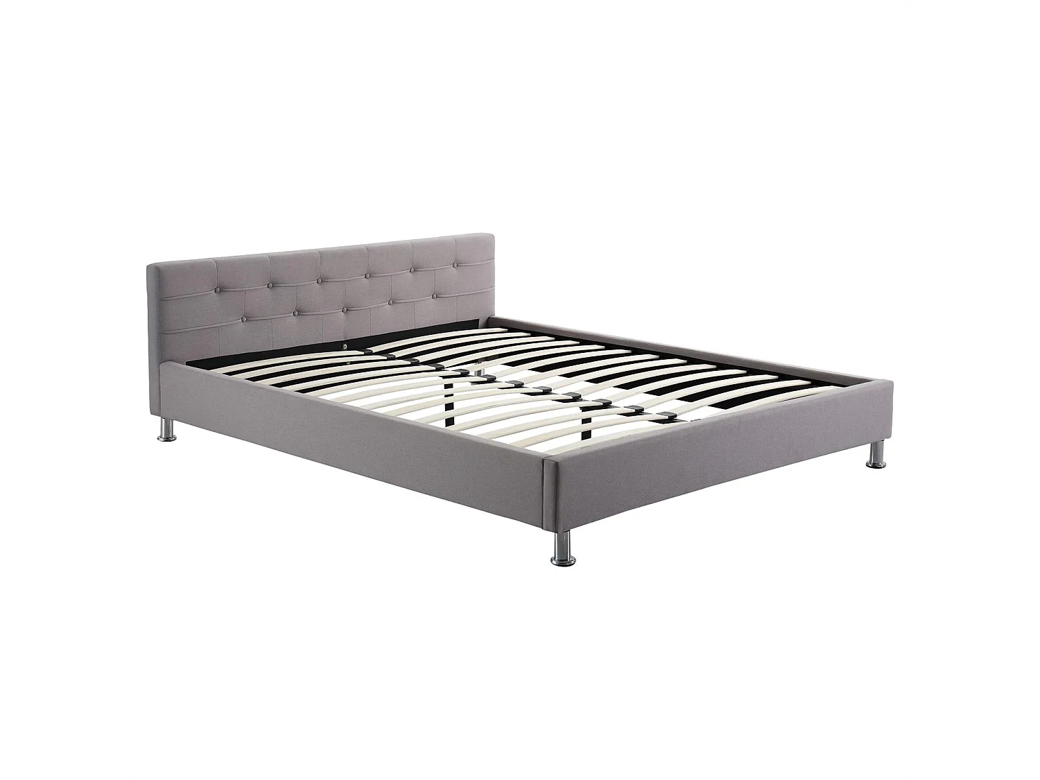 Lit double pour adulte NIZZA queen size 160x200 cm 2 places / 2 personnes, avec sommier et pieds métal chromé, tissu capitonné gris