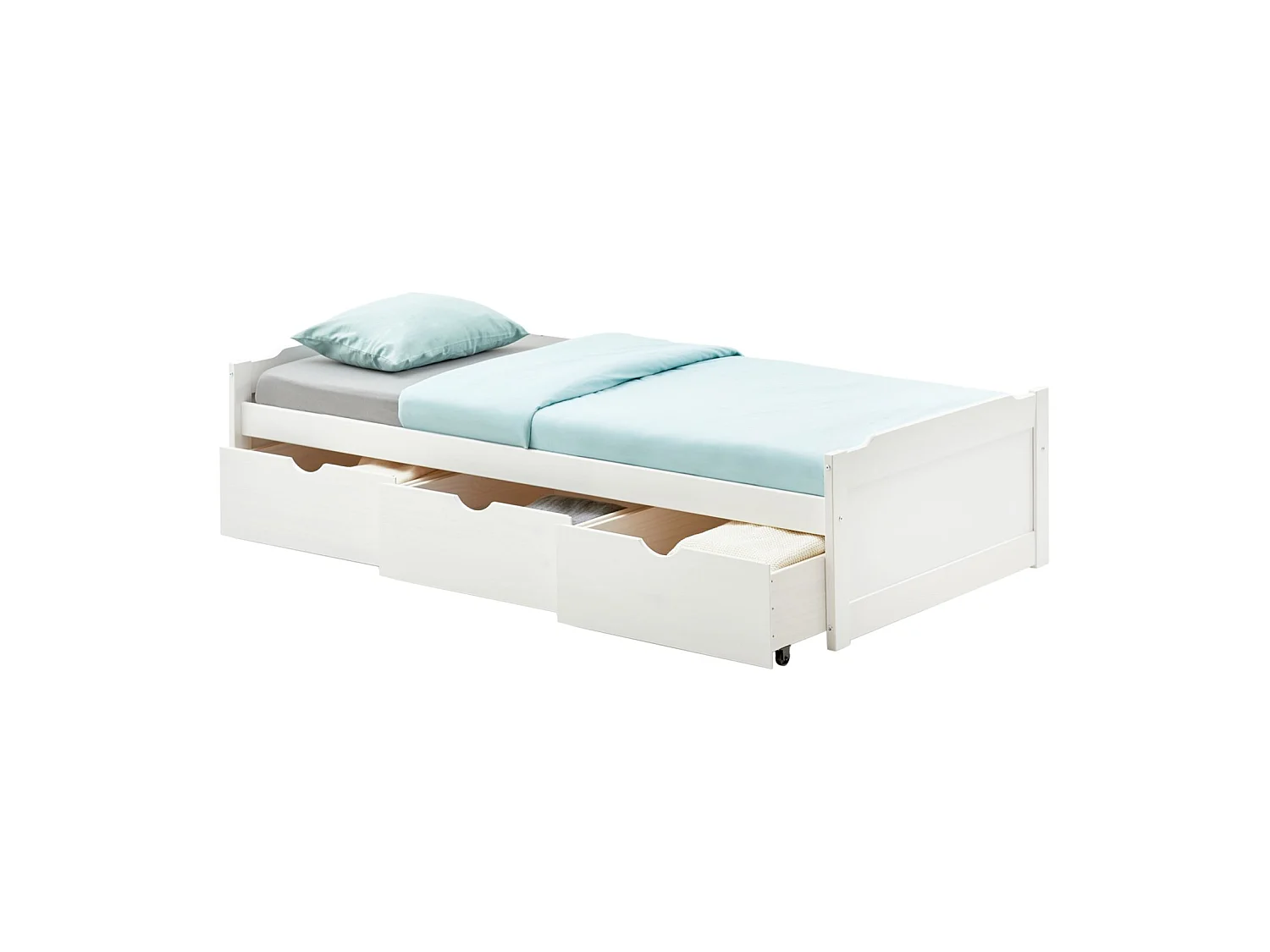 Lit fonctionnel MIA avec rangements 3 tiroirs 90 x 190 cm, en pin massif lasuré blanc