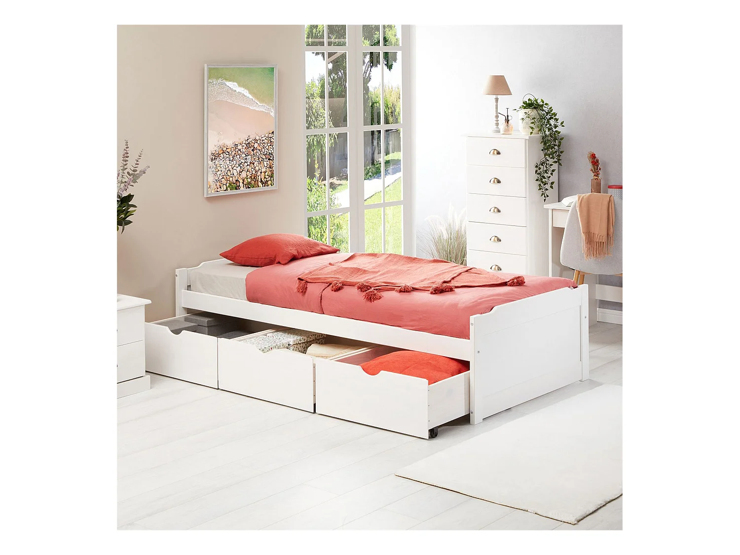 Lit fonctionnel MIA avec rangements 3 tiroirs 90 x 190 cm, en pin massif lasuré blanc