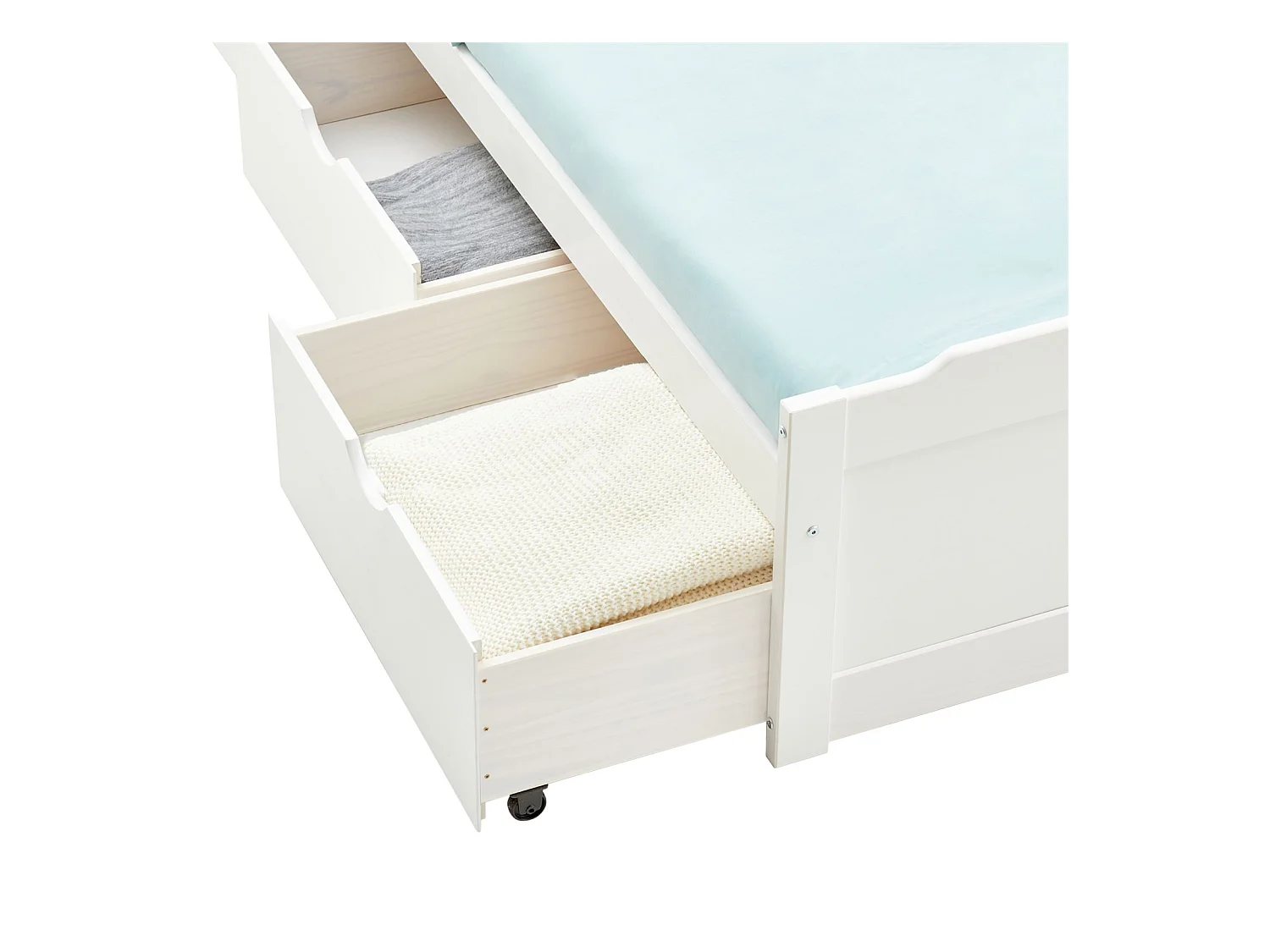 Lit fonctionnel MIA avec rangements 3 tiroirs 90 x 190 cm, en pin massif lasuré blanc