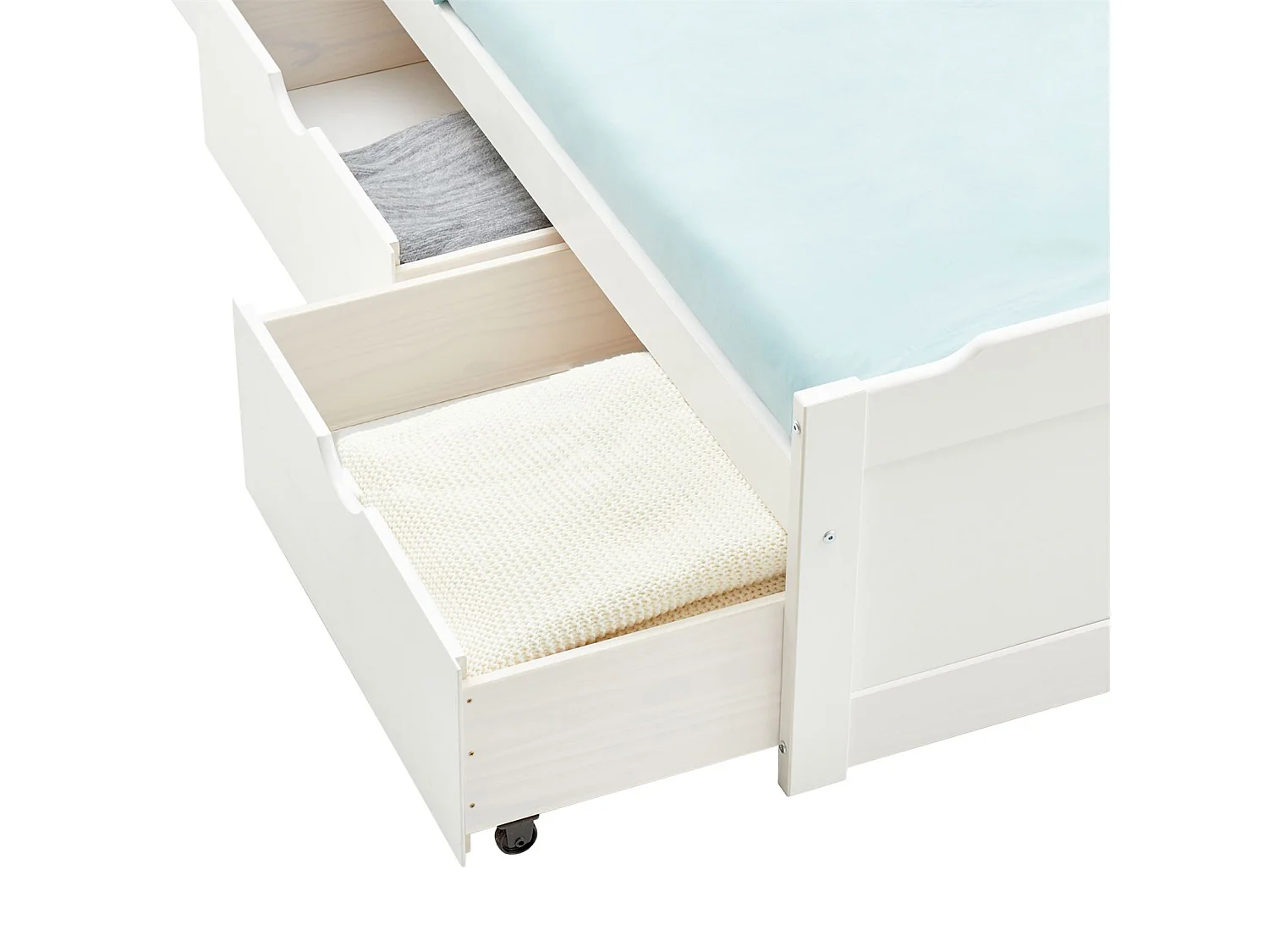 Lit fonctionnel MIA avec rangements 3 tiroirs 90 x 190 cm, en pin massif lasuré blanc