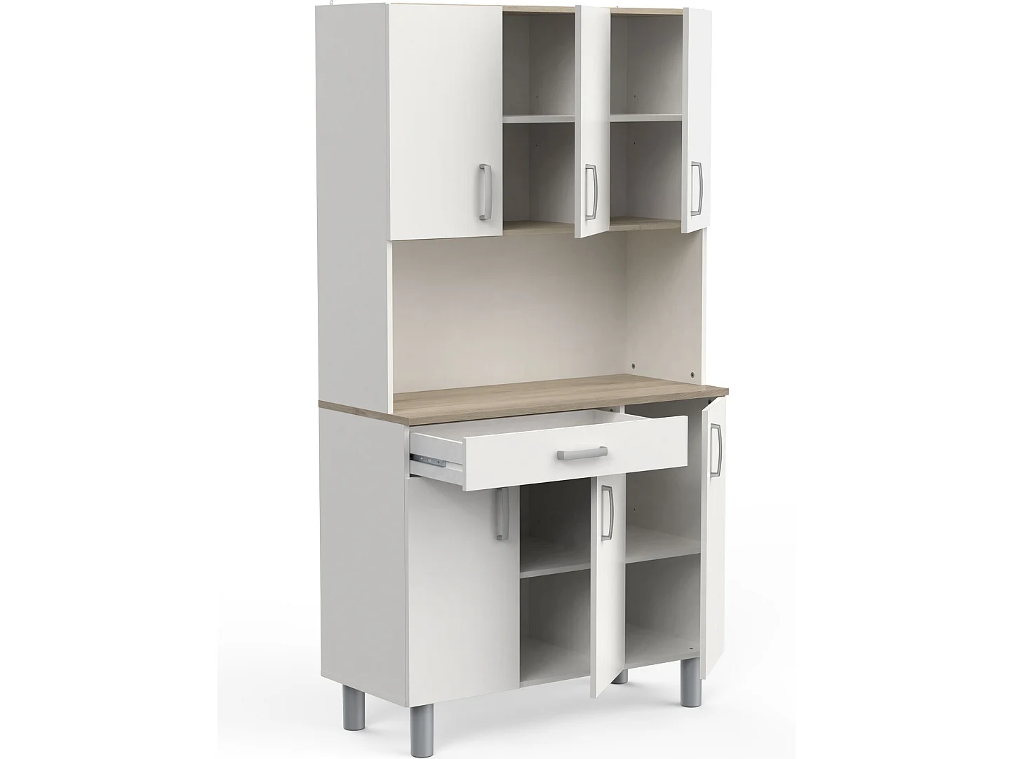 Buffet de cuisine coloris chêne kronberg, blanc mat - Longueur 100,8 x Hauteur 185,50 x Profondeur 42,30 cm