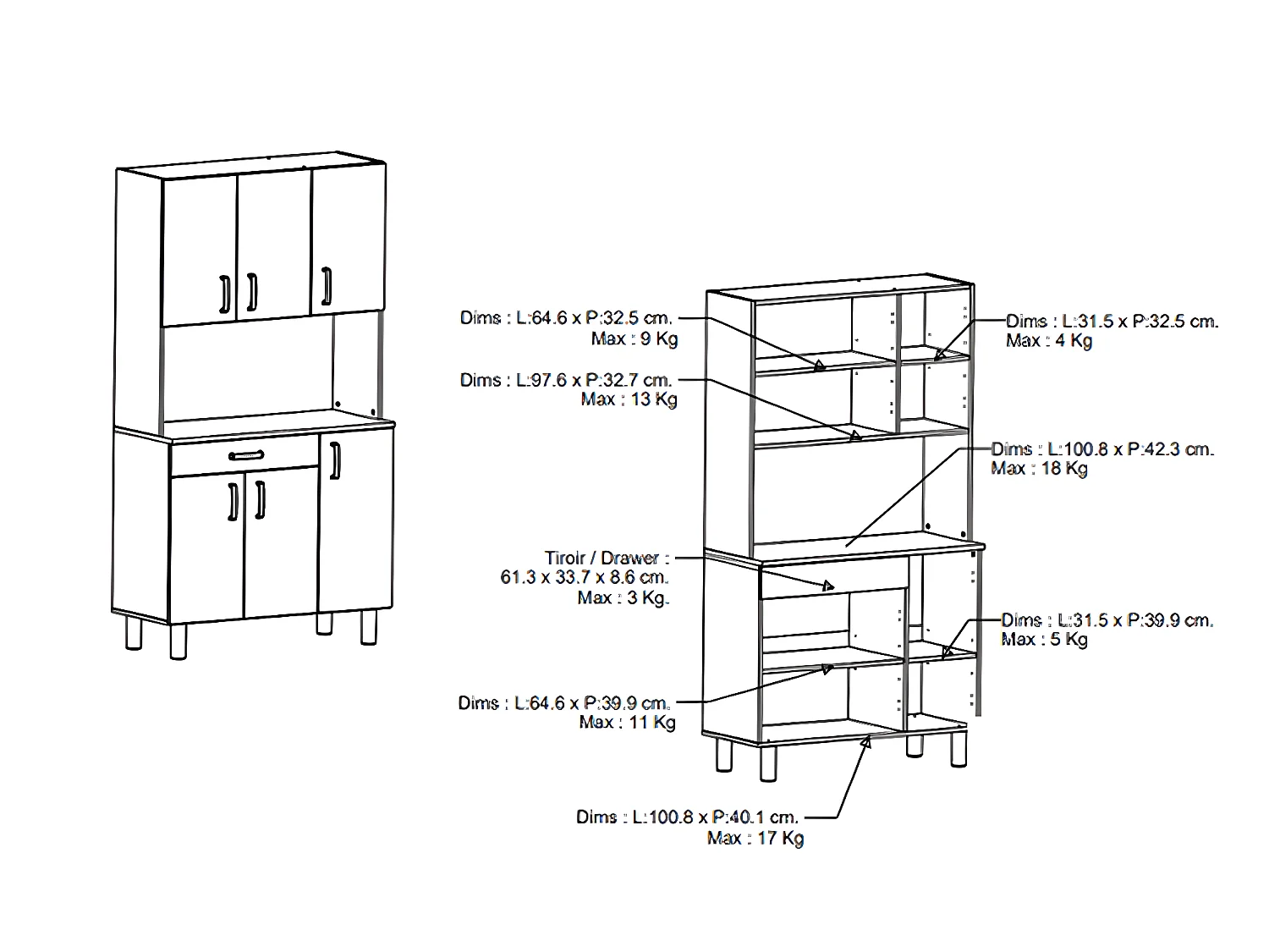 Buffet de cuisine coloris chêne kronberg, blanc mat - Longueur 100,8 x Hauteur 185,50 x Profondeur 42,30 cm