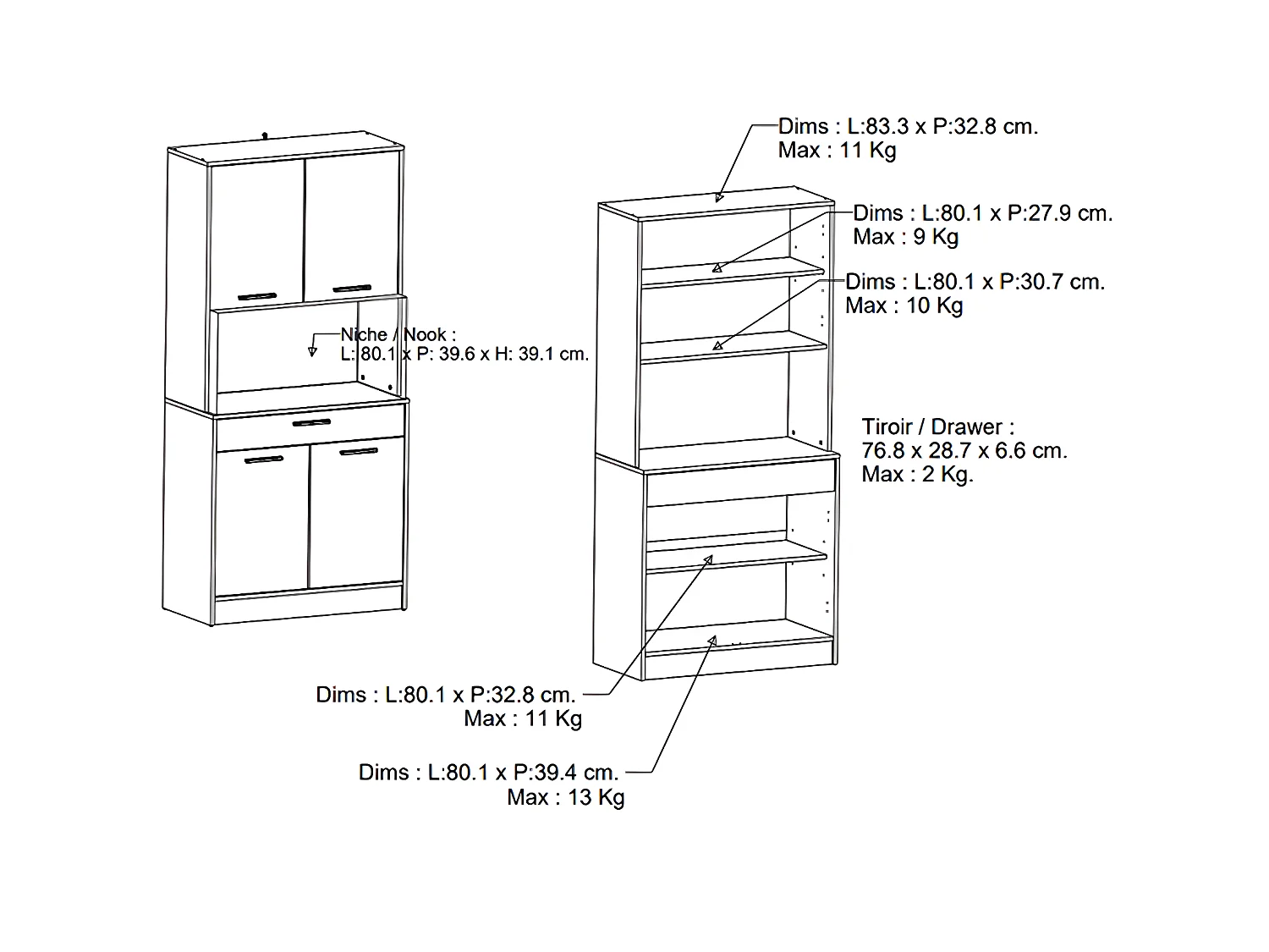 Buffet de cuisine coloris chêne kronberg, Blanc - Longueur 83,3 x Hauteur 176,1 x Profondeur 40 cm
