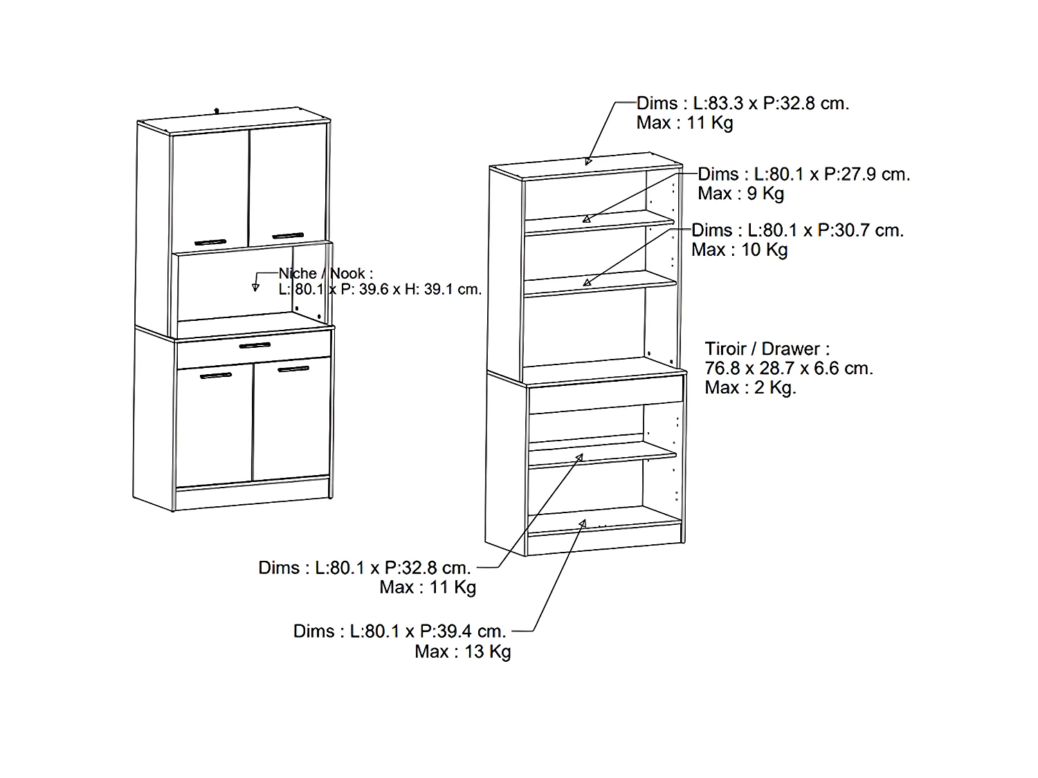 Buffet de cuisine coloris chêne kronberg, noir mat - Longueur 83,3 x Hauteur 176,1 x Profondeur 40 cm